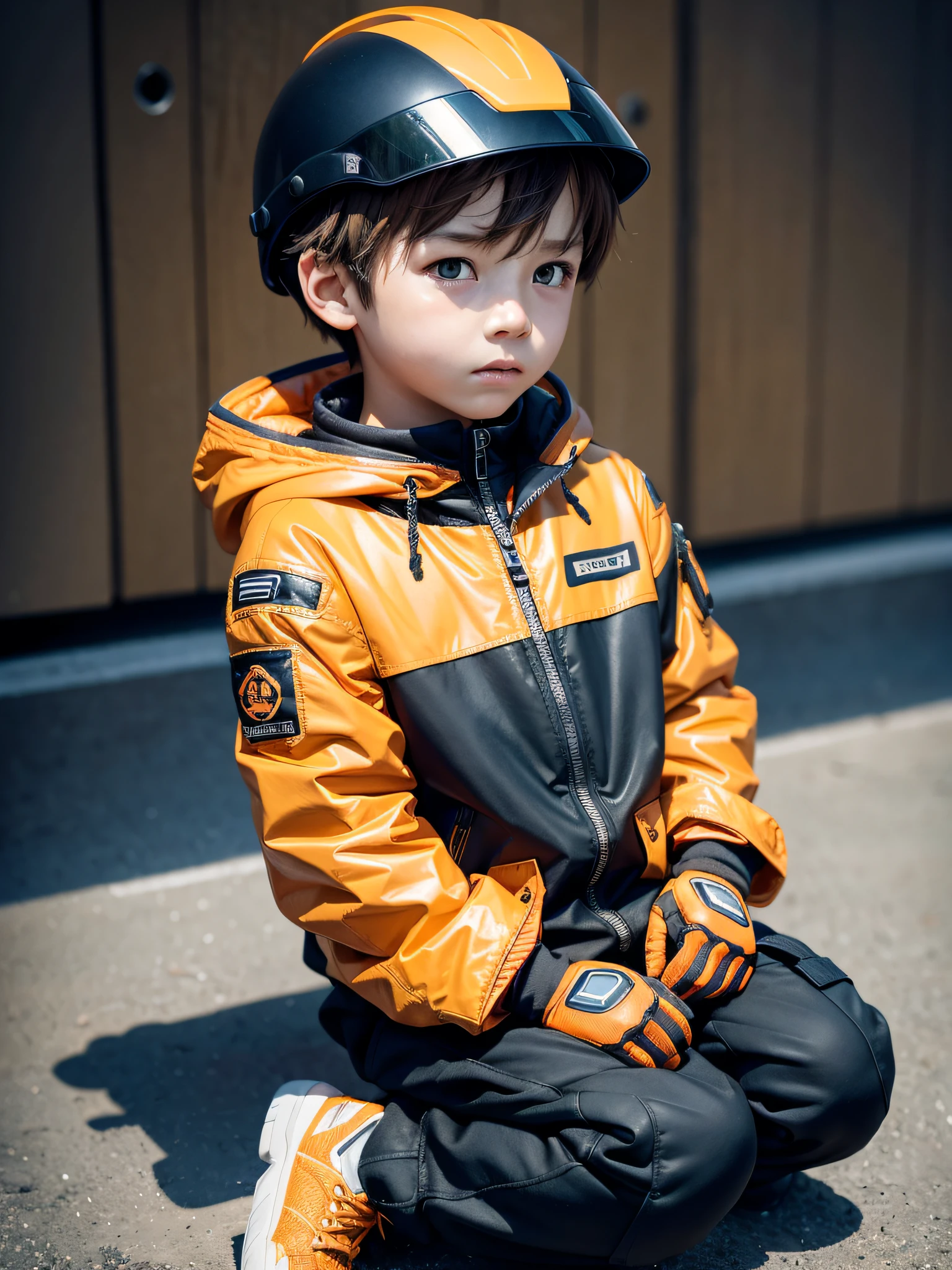 machinery, Mecha, 1boy, male focus, solo, male child, jacket, helmet, sitting, orange jacket, gloves, black gloves, brown hair, hood, pants, hair between eyes, child, looking at viewer, shoes, long sleeves, black pants, orange eyes, Wearing an orange hat, a cute child ,16k,HD,Master works, exquisite visuals，