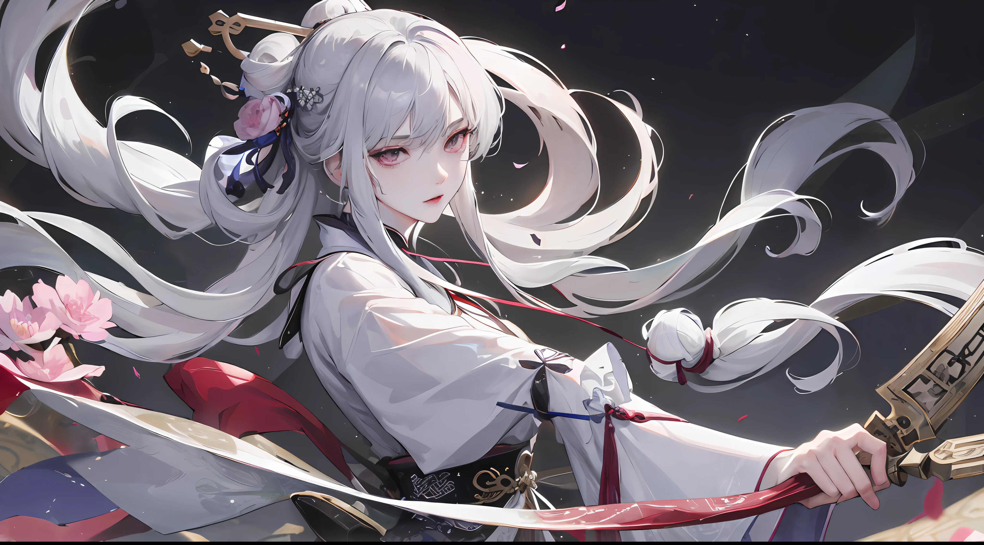 Masterpiece, Best, Night, Full Moon, 1 Female, Mature Woman, Chinese Style, Ancient China, Elder Sister, Royal Sister, Cold Face, Expressionless, Silver White Long Haired Woman, Pale Pink Lips, Calm, Intellectual, Three Belts, Gray Hitomi, assassin, dagger, flower ball background, street view