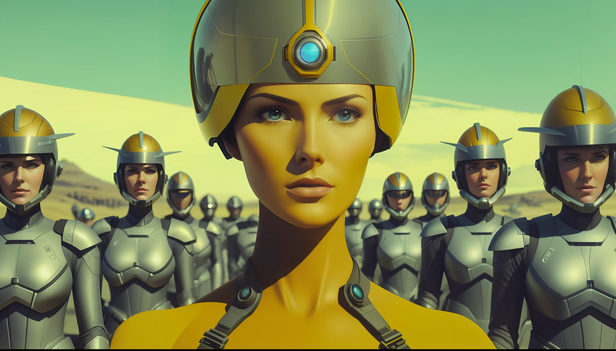 a woman (Natasha O'Keeffe) with a helmet standing in front of a group of people, a detailed matte painting by Julian Allen, cgsociety, retrofuturism, reimagined by industrial light and magic, toonami, sci-fi