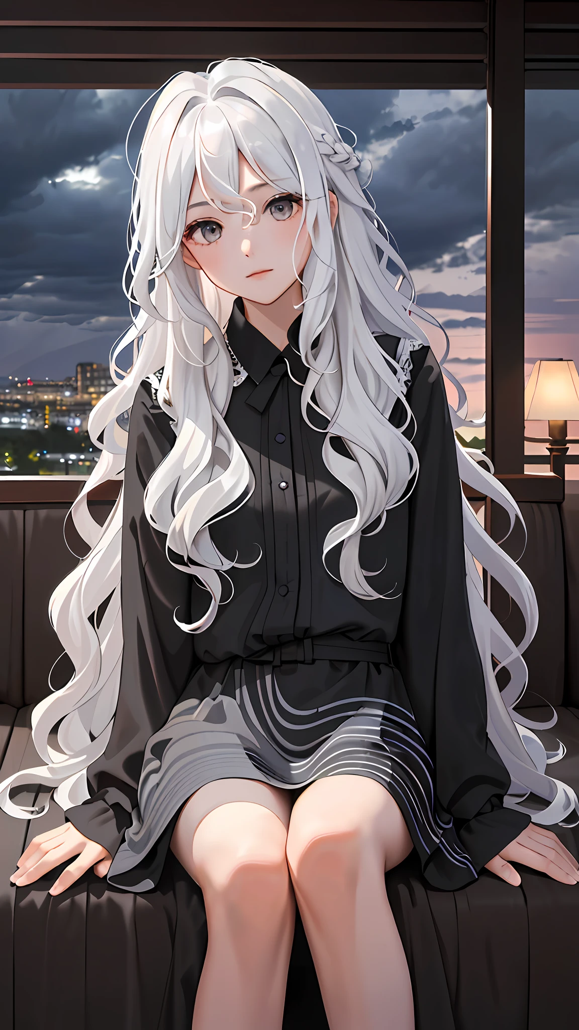 (Masterpiece, best quality: 1.4), 1 girl, looking at the audience,
(wavy hair: 0.8), long hair,
(front), bright white hair, gray eyes, cloudy sky,
(close-up),
{night|morning|dawn},
{indoor|outdoor},
{sit|stand|ground},