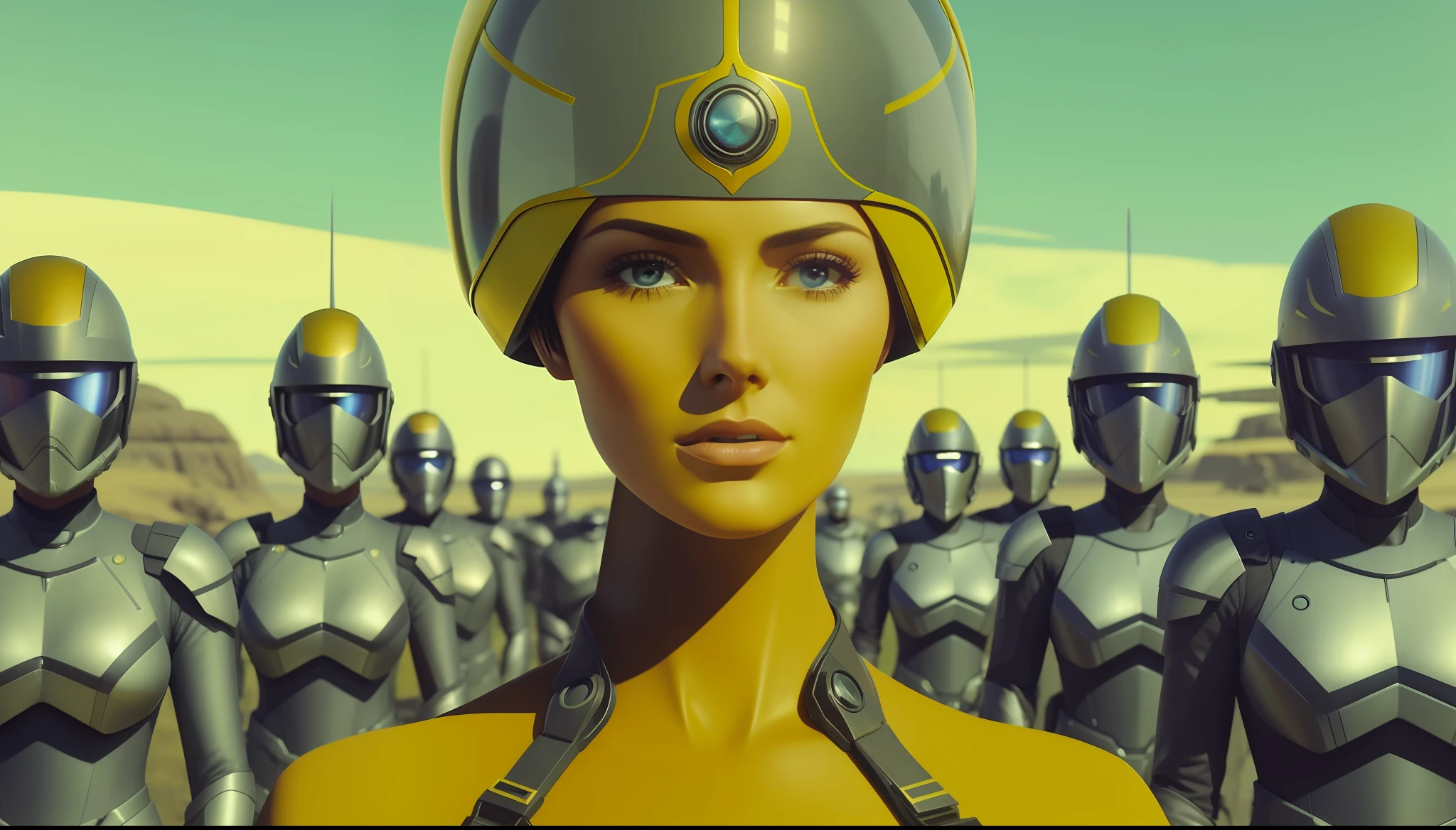 a woman (Natasha O'Keeffe) with a helmet standing in front of a group of people, a detailed matte painting by Julian Allen, cgsociety, retrofuturism, reimagined by industrial light and magic, toonami, sci-fi