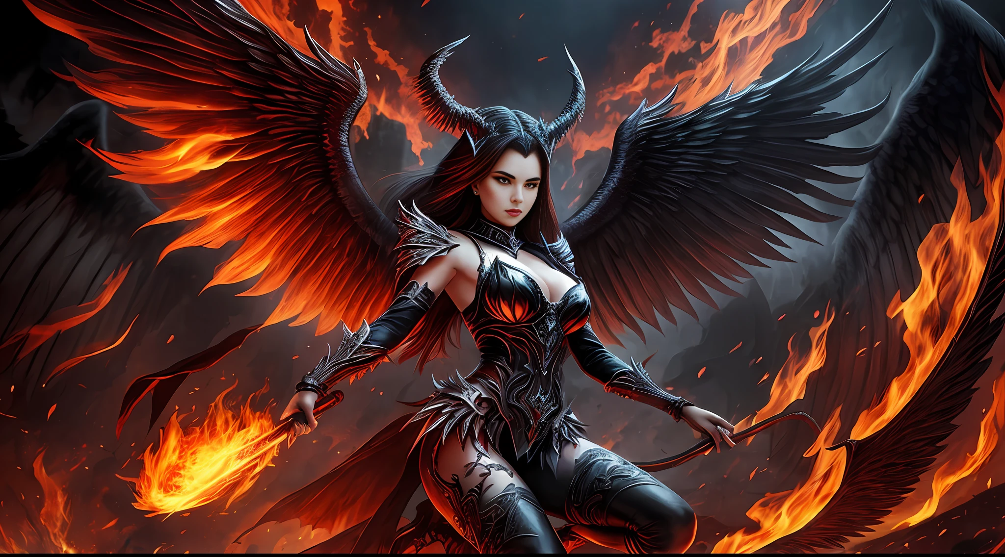 fullbody of evil fallen angel-demon woman with firewings in darkcity in hell --auto --s2