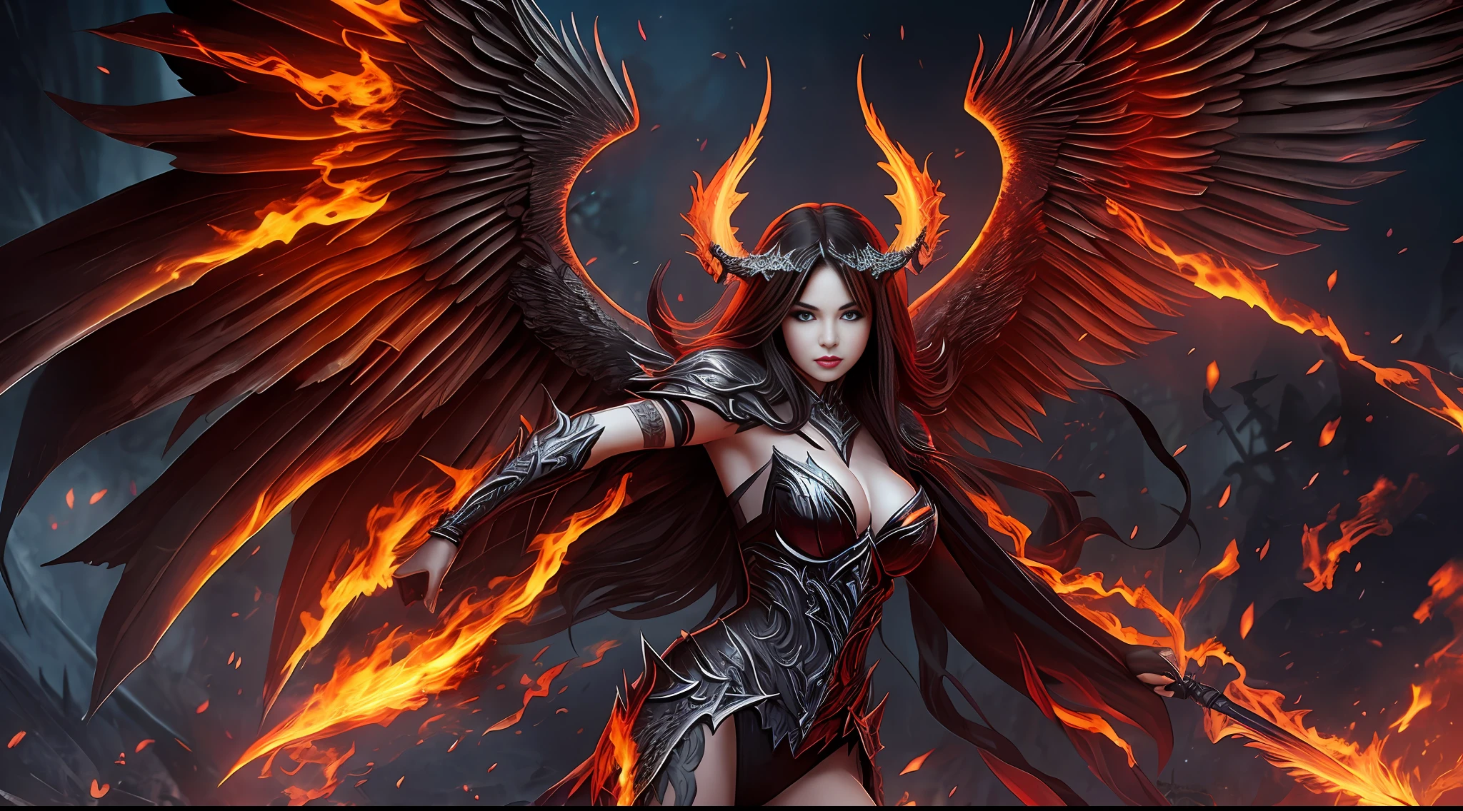 fullbody of evil fallen angel-demon woman with firewings in darkcity in hell --auto --s2