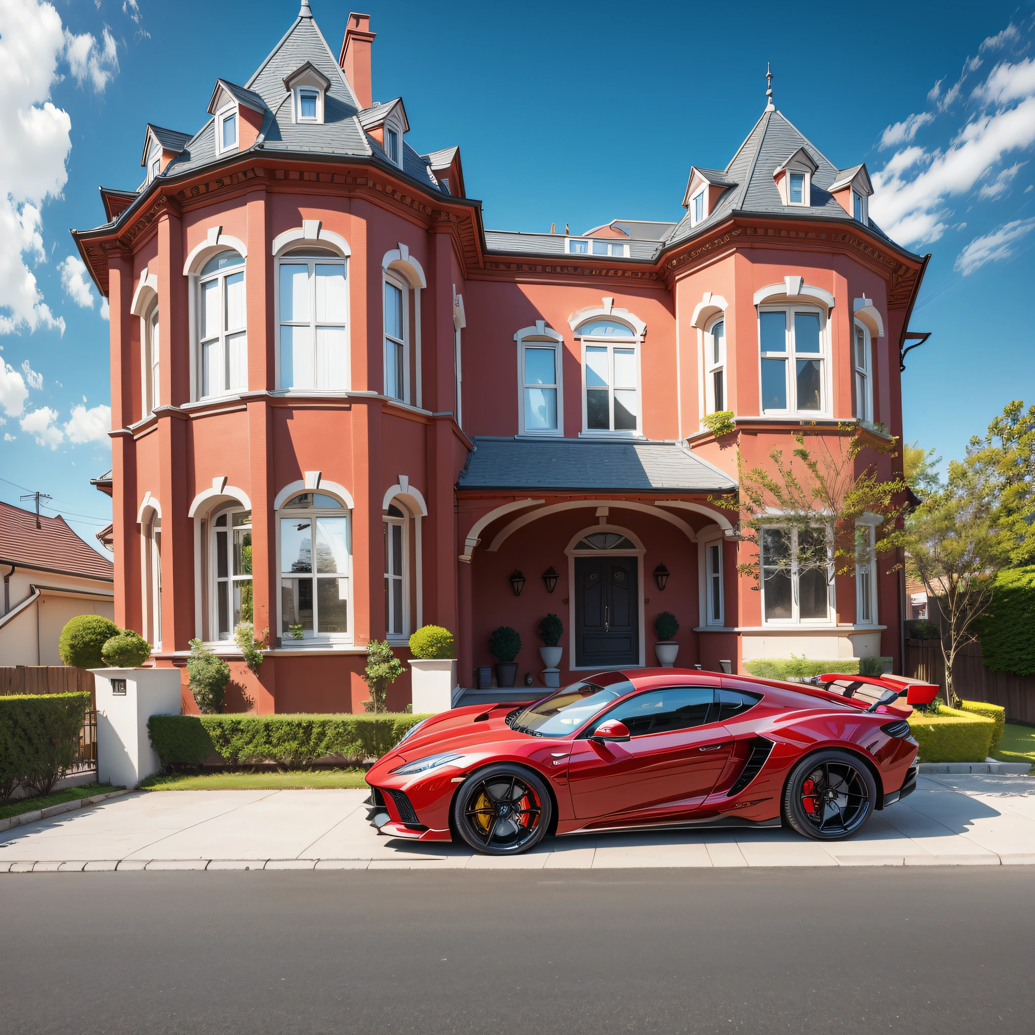 house façade with super car of red color in front, distant photo, with bright colors, --auto --s2
