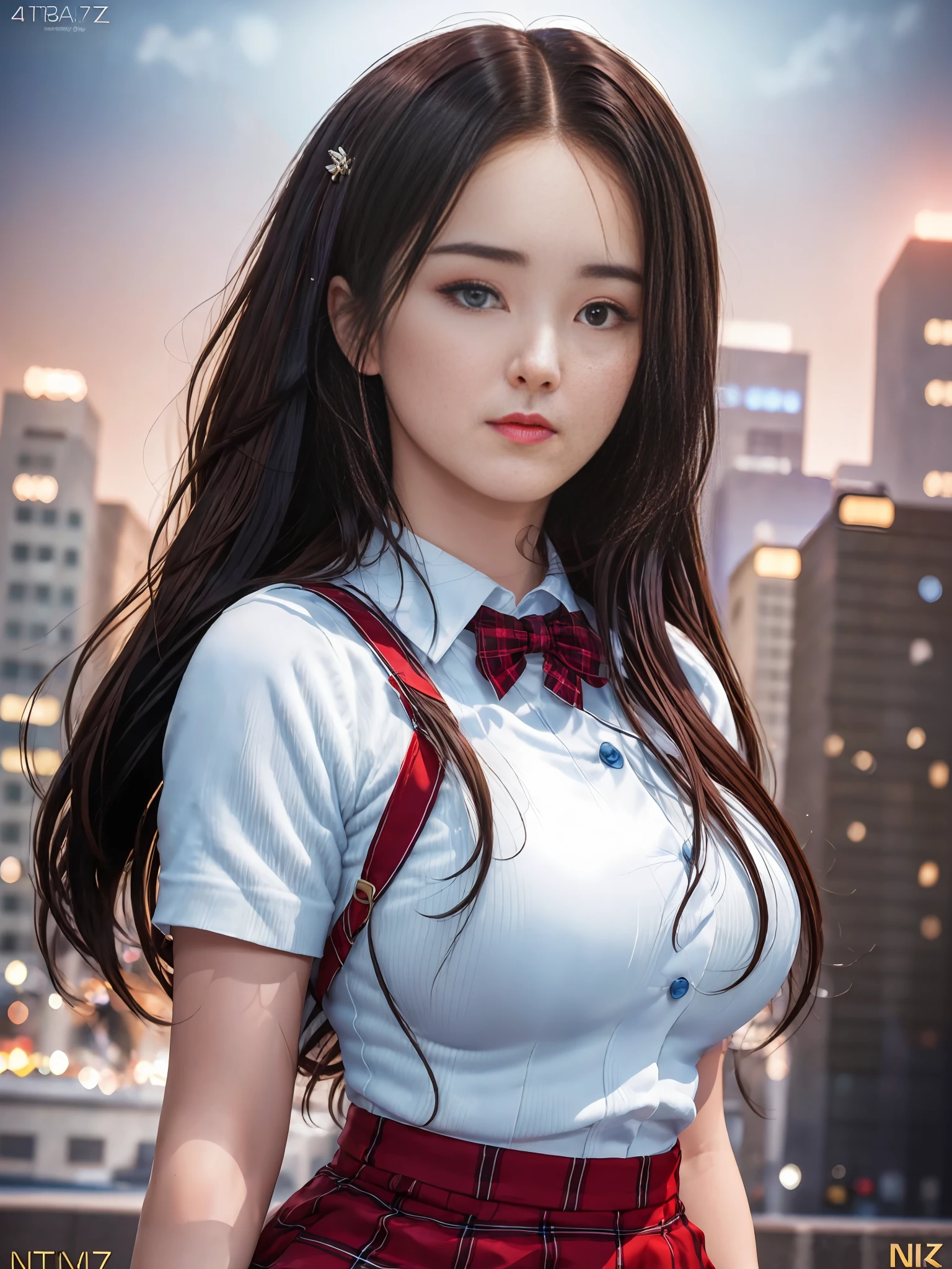 a full body photo, Nancy in high school uniform, plaid round skirt, high heeled short booty, large breasts, white dress shirt with open collar buttons, long black hair, stylish makeup, (Steve McCurry) style, Nikon Z FX device, EF 70mm lens, cinematic lighting, long exposure style, long shot type, vibrant color scene,  photo realistic, intricate, beautiful face, ultra detailed face, perfect body, whole body, perfect, realistic, highly detailed, Art Station, trend, realistic face, realistic skin, detailed eyes, great art, ultra realistic render n-9, 4K, 8K, 16K, 20K, HDR, UHD, 64K, Perfect Luminance, hyper realistic, symmetrical face, Bokeh, High-resolution scanning, professional photography