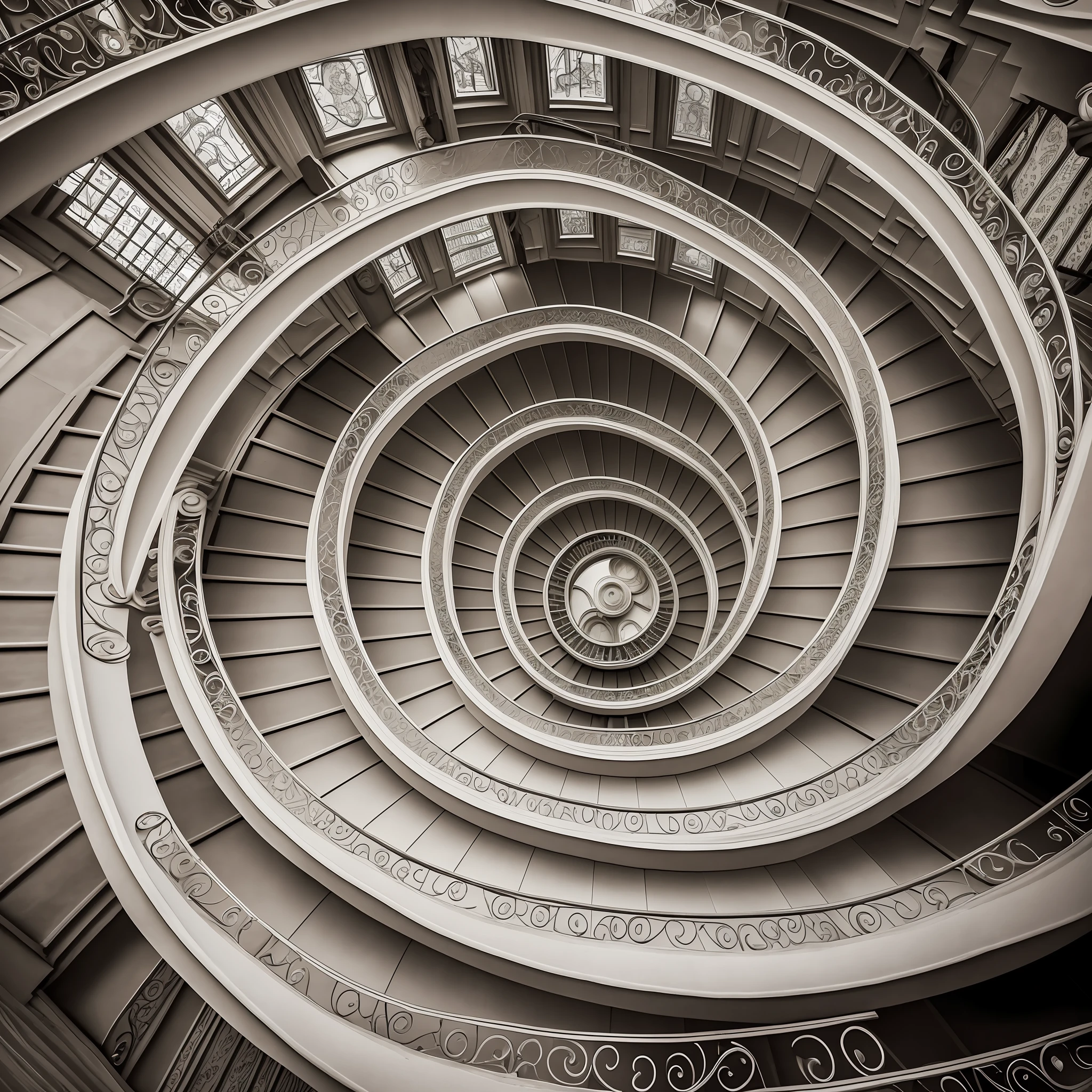 a close up of a spiral staircase with a window in the background, spiraling upward, ornate spiral stairs, stairways, stairs and arches, escher style, inside mc escher architecture, mc escher style architecture, mc escher style, spiraling, intricate architecture, 1 staircase, stairs, stairway, intricate detailed photography, inspired by M.C. Escher --auto --s2