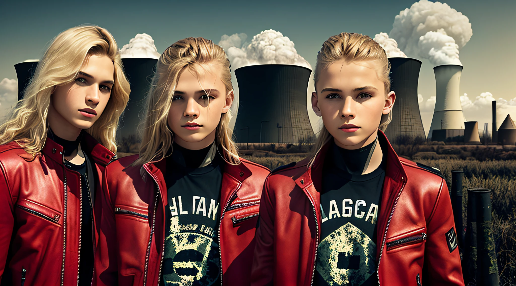 3 BOYS 14 YEARS OLD, PORTRAIT, WITH LONG BLOND HAIR, WITH RED LEATHER JACKETS AND BLACK CLOTHING, nuclear power plant with radioactive barrels in a field, nuclear wasteland, nuclear wasteland, post-nuclear fallout, future of nuclear energy, nuclear fallout, radioactive wasteland, nuclear energy, nuclear energy, nuclear reactor, nuclear aftermath, post-nuclear, nuclear power plant, nuclear, radioactive particles,  nuclear art, toxic waste, polluted, radioactive peak field, pollution