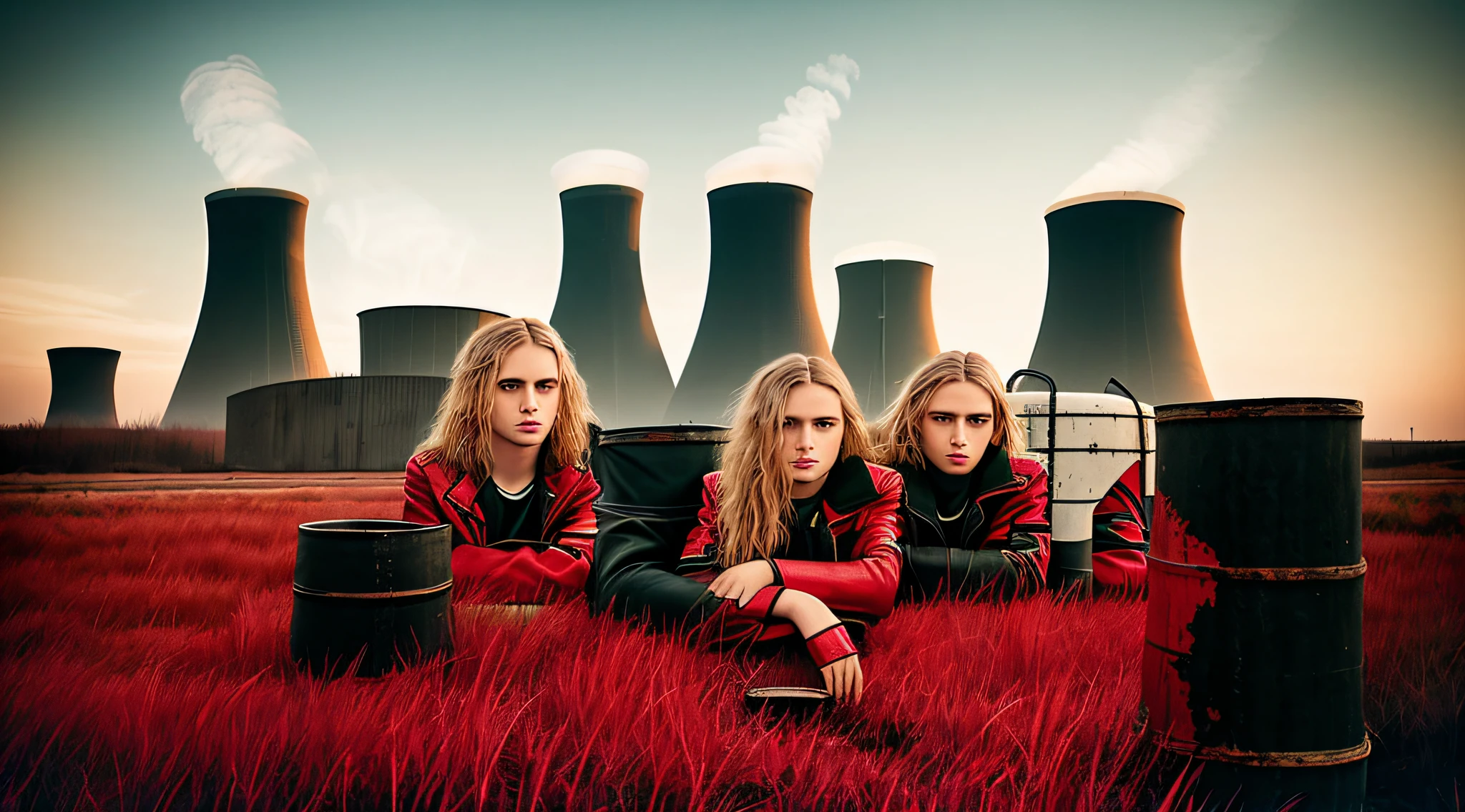 3 BOYS , PORTRAIT, WITH LONG BLOND HAIR, WITH RED LEATHER JACKETS AND BLACK CLOTHING, nuclear power plant with radioactive barrels in a field, nuclear wasteland, nuclear wasteland, post-nuclear fallout, future of nuclear energy, nuclear fallout, radioactive wasteland, nuclear energy, nuclear energy, nuclear reactor, nuclear aftermath, post-nuclear, nuclear power plant, nuclear, radioactive particles, nuclear art, toxic waste, polluted, radioactive peak field, pollution