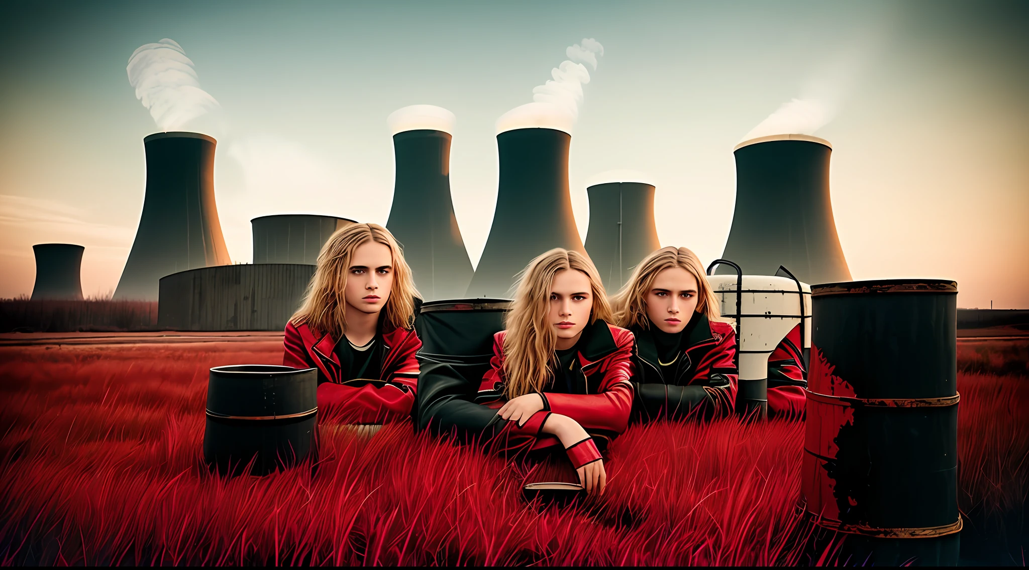 3 BOYS 14 YEARS OLD, PORTRAIT, WITH LONG BLOND HAIR, WITH RED LEATHER JACKETS AND BLACK CLOTHING, nuclear power plant with radioactive barrels in a field, nuclear wasteland, nuclear wasteland, post-nuclear fallout, future of nuclear energy, nuclear fallout, radioactive wasteland, nuclear energy, nuclear energy, nuclear reactor, nuclear aftermath, post-nuclear, nuclear power plant, nuclear, radioactive particles, nuclear art, toxic waste, polluted, radioactive peak field, pollution