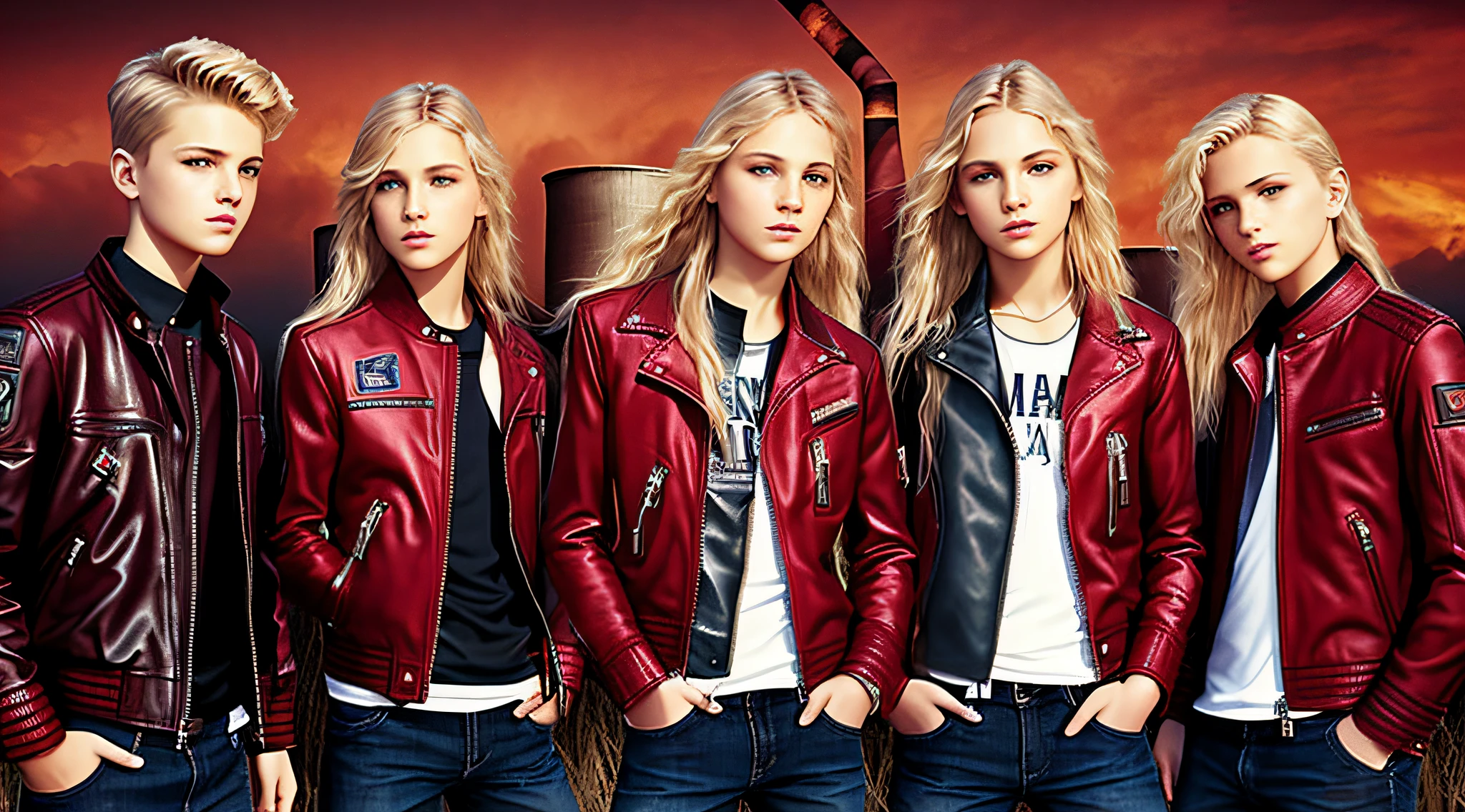 3 BOYS , PORTRAIT, WITH LONG BLOND HAIR, WITH RED LEATHER JACKETS AND BLACK CLOTHING, nuclear power plant with radioactive barrels in a field, nuclear wasteland, nuclear wasteland, post-nuclear fallout, future of nuclear energy, nuclear fallout, radioactive wasteland, nuclear energy, nuclear energy, nuclear reactor, nuclear aftermath, post-nuclear, nuclear power plant, nuclear, radioactive particles, nuclear art, toxic waste, polluted, radioactive peak field, pollution