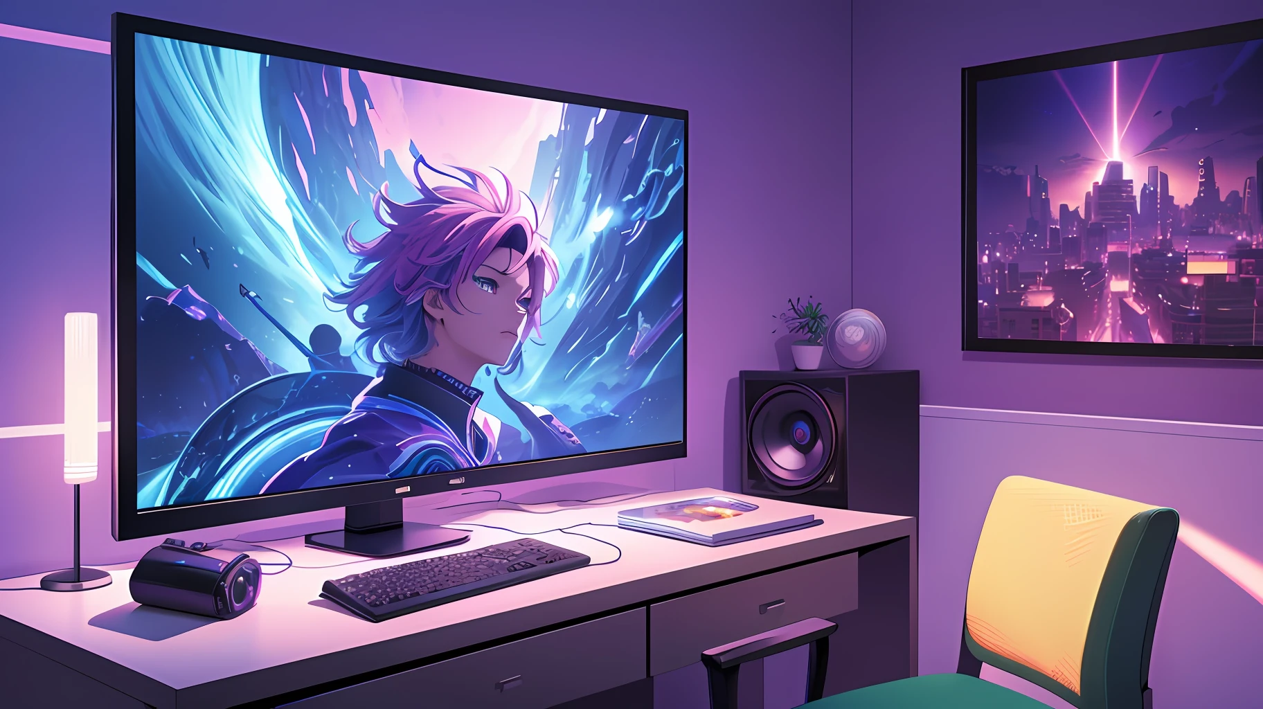 (masterpiece), (best illustration),(no humans), anime background, gaming bedroom, television with large computer, ring lighting , rim lighting,(extremely detailed CG unity 8k wallpaper),(masterpiece), (best quality), (vaporwave style), (ultra-detailed), (best illustration),(best shadow),perfect lighting , perfect anatomy , vivid colors,