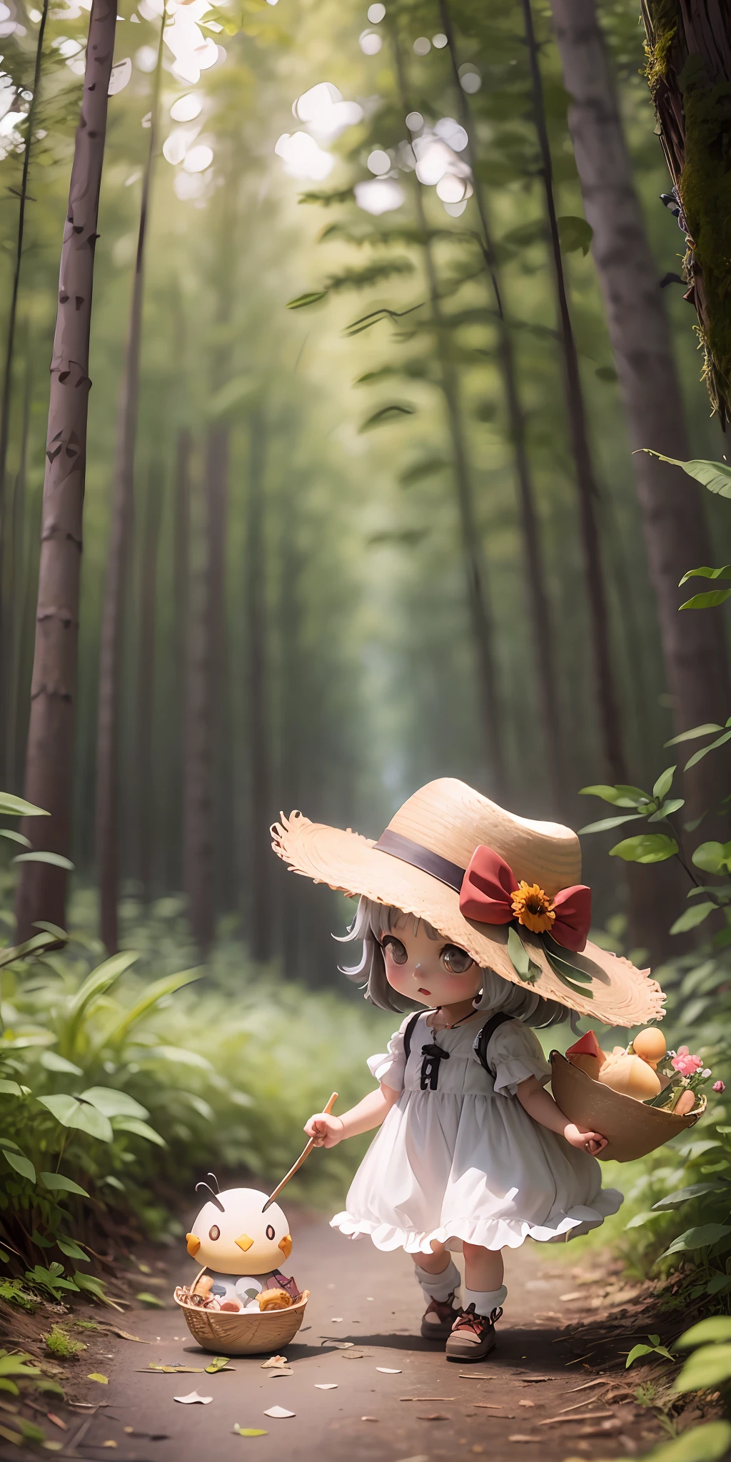 Chibi Chara, Anime, Nendoroid, 1 Girl, Gray Hair, Straw Hat, Wide Brimmer Straw Hat, Wearing a Dress, One Piece with Ruffled Hemm, Floral, In the Forest, Deformed, Cute, Picture Face, Mushroom, Little Bird, Picnic, One Basket