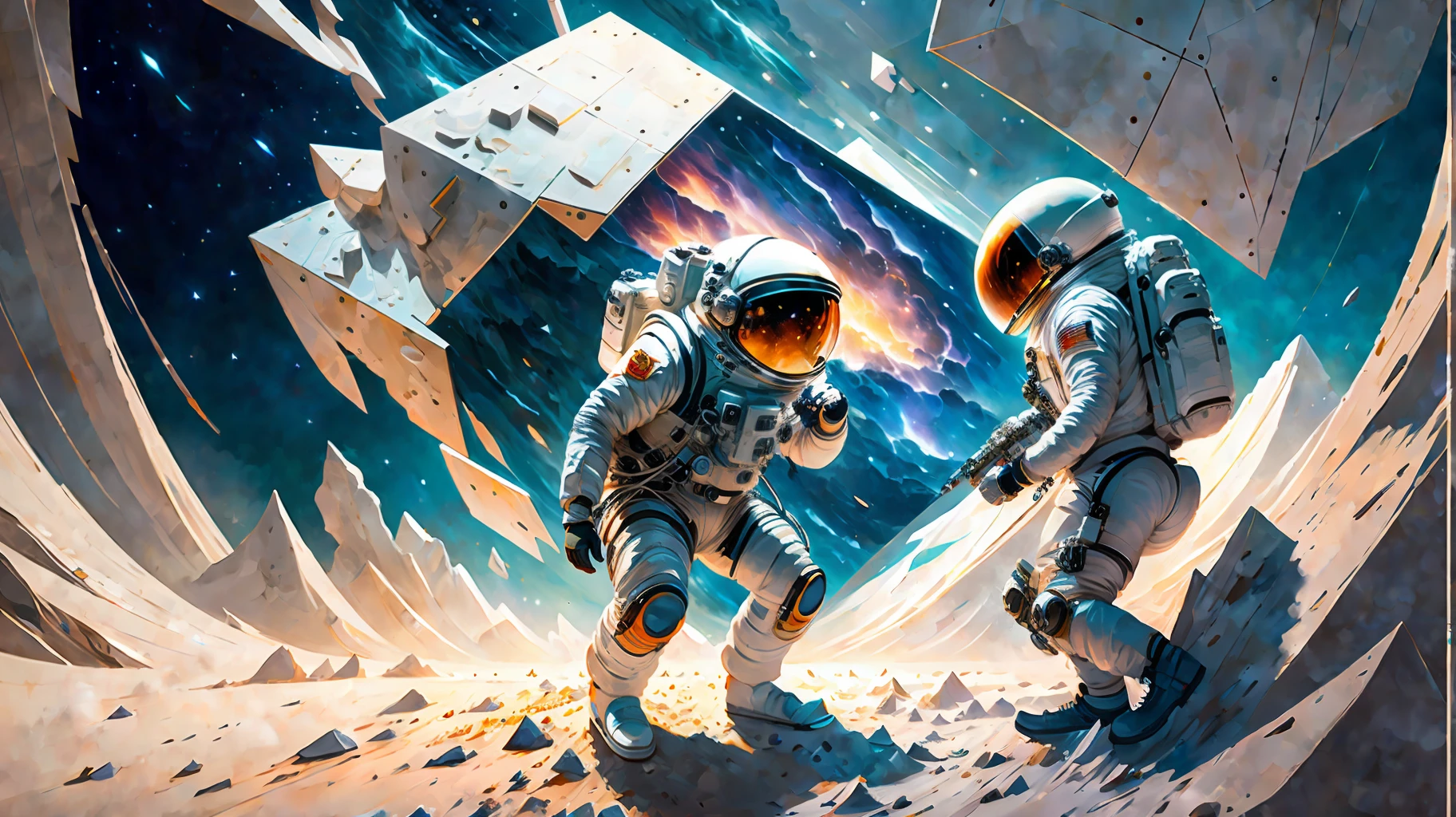 astronaut, climbing the asteroid, character render, ultra high quality model, ethereal background, abstract beauty, explosive volumetric, oil painting, heavy strokes, paint dripping