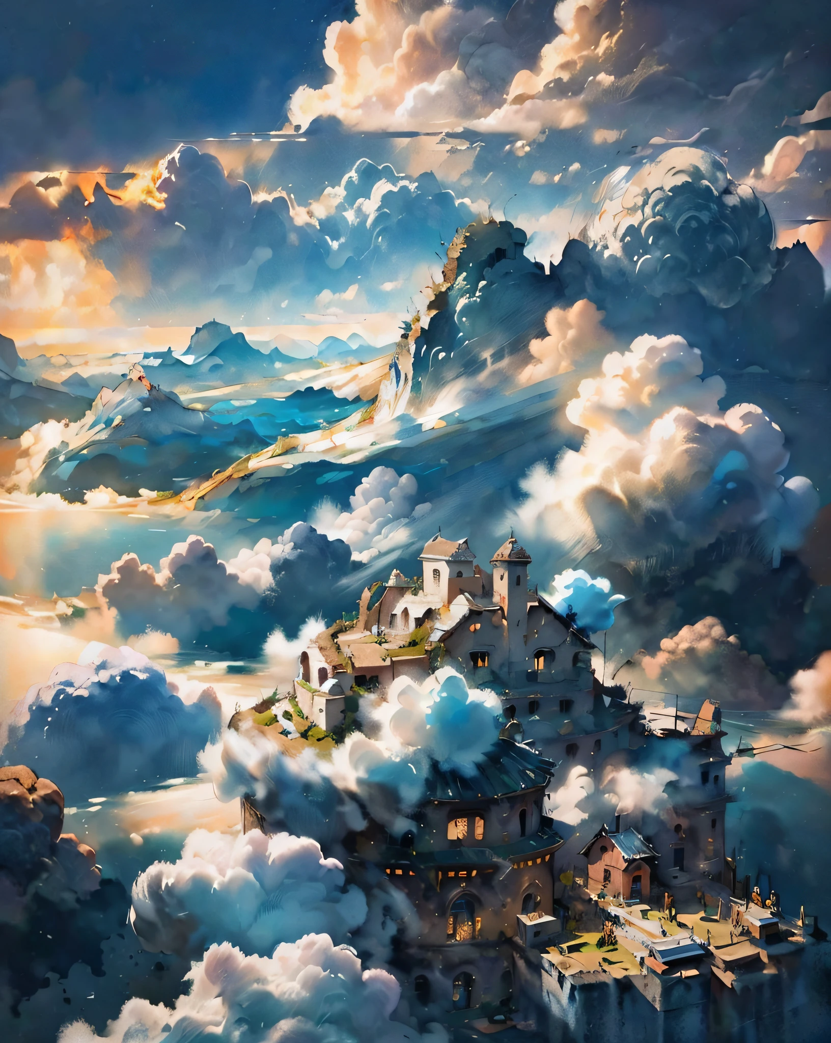 (ancient big village in ruins:1.3), sea of clouds, ((Top quality, 8k, masterpiece: 1.3)), 3d, render, cinematic, dark, low lightning,