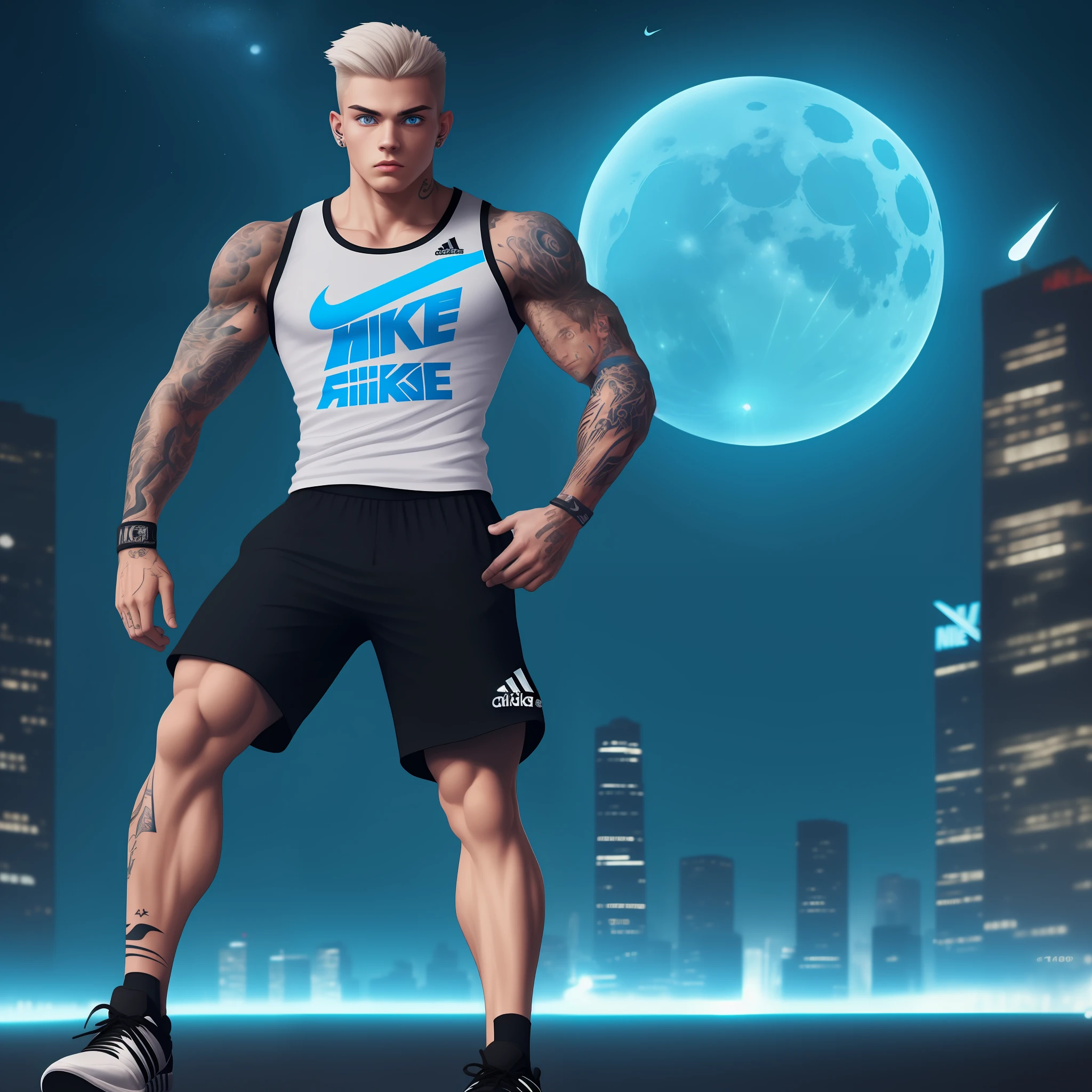 Young 18 years, muscular, tattoos, adidas shirt, men's shorts, nike sneakers, blue eyes, spark, neon, shock, bright, 8k, realistic, full body, well detailed, moon, city, night,