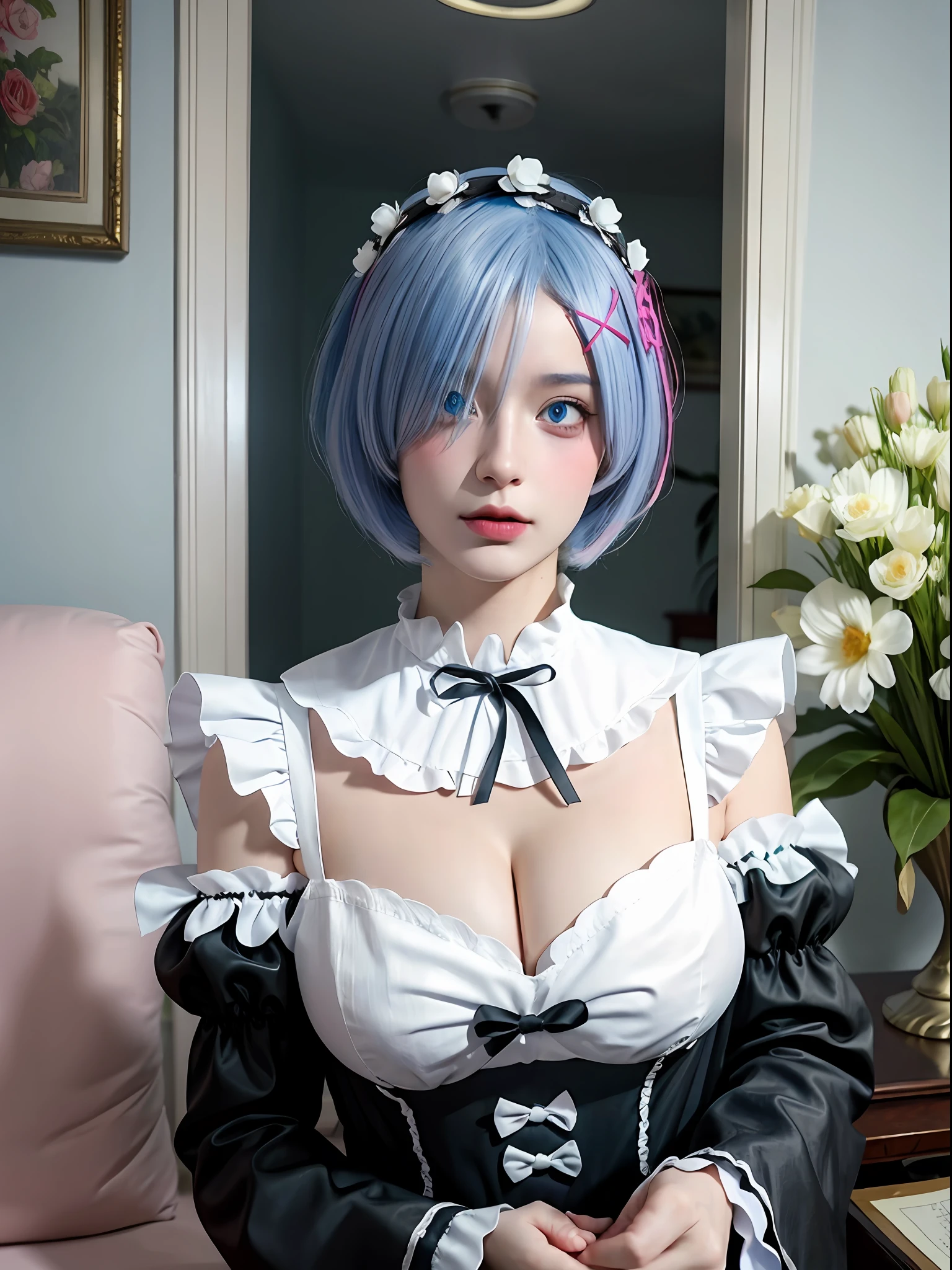 R_E_M, 1 girl, (beauty face: 1.25) short blue hair, blue eyes, hair over one eye, hair ornament, pink hair ribbon, rem maid outfit, detached sleeves, (real: 1.7), (best quality)), absurdity, (ultra high resolution), (photorealistic: 1.6), photorealistic, octane rendering, (hyperrealistic: 1.2), ( Photorealistic faces: 1.2), (8k), (4k), (masterpiece), (realistic skin texture), (illustrations, movie lighting, wallpaper), (beautiful eyes: 1.2), (perfect face))),(cute),(standing),(see the viewer)),(dynamic pose: 1.3), upper body, standing,indoors, living room, sofa, table, window, (( Big))), ((cleavage))