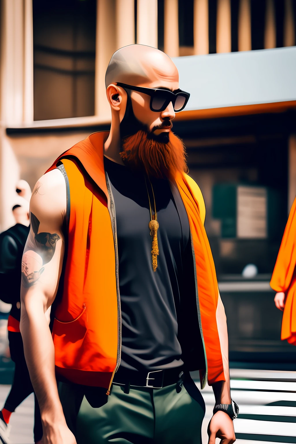 Comics,Bald man,monk,city,modern clothes,urban,fashion,beard undone,sunglasses
