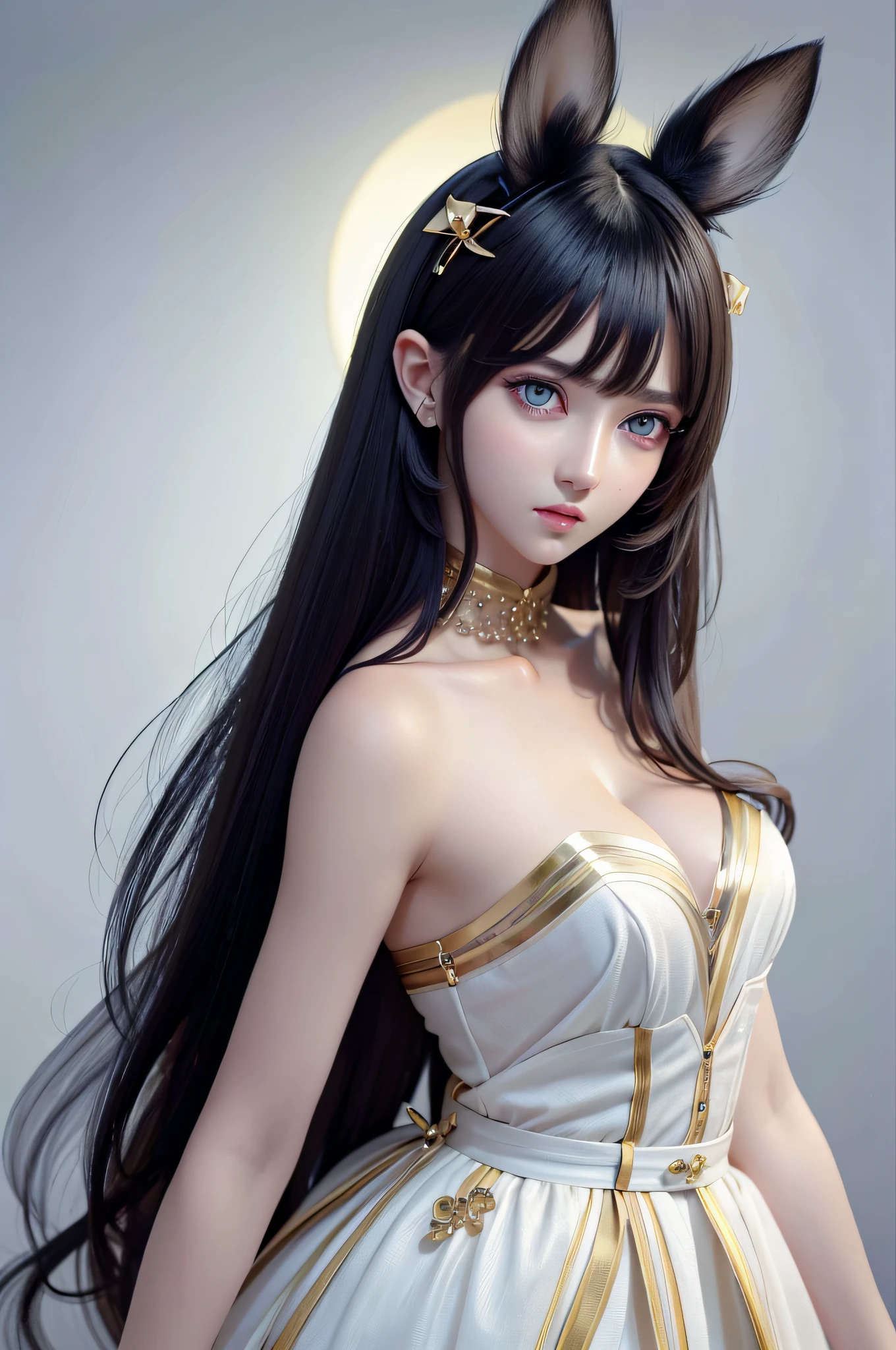 Close-up masterpiece, best image quality, rabbit-eared girl, yellow eyes, detailed eyes and hair, with cinematic shiny effect, dark skin and shiny clothes, 4k/8k realistic and delicate.