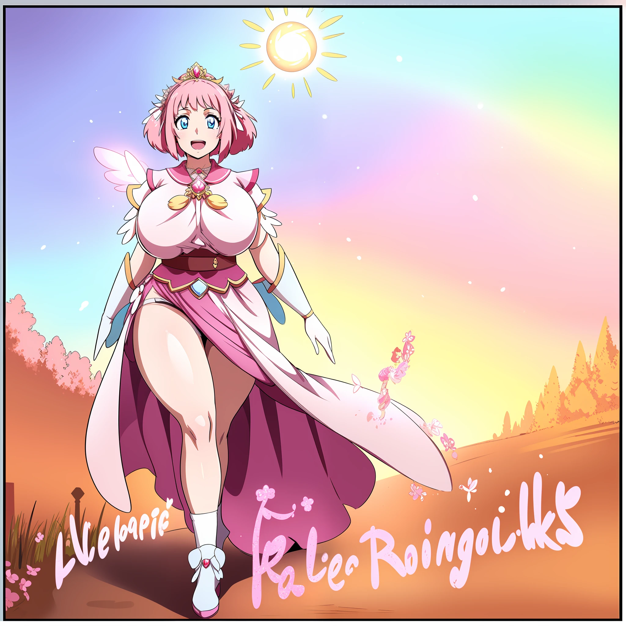 mamika,huge breast, curvy, long dress, long robes, , long skirt, tall female, smile, happy, blush,emale,fantasy goddess,there is a cartoon picture of a woman with a very large breast, glowing angelic being, glowing holy aura, inspired by Luma Rouge, the non-binary deity of spring, ethereal rainbow nimbus, the butterfly goddess of fire, inspired by Marie Angel, glowing aura around her, astral fairy, as the goddess of the sun, “uwu the prismatic person, big breast, happy, beautiful eyes, , full body, walking, long robe, long dre, , nun, priestess ,holy, venus body, curvy, huge breast, forest, long skirt, coat, very long skirt,coat, europe, france, french, pantyhose, walking, pink hair, smile, happy,open mouth, blush,1girl, village, europe