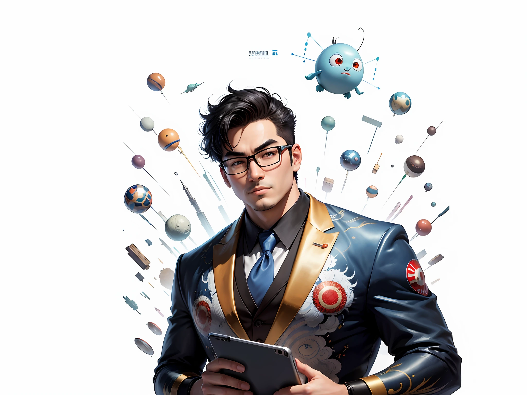 (Masterpiece), (Excellent), (Super Meticulous), (Full Body: 1.2), Super Young Man, Oriental Face, Japanese Kimono, Japanese Wind Thunder God, Dragon, Tiger, TV Anchor, Bust Portrait Illustration, Alone, Black Suit, Blue Tie, Slightly Chubby Face, Silver Glasses, Very Clean Face, No Beard, Black Super Short Hair, Black Eyes, Confident Smile, 3c Computer Sub-Products, iPad, iPhone, Digital Painting, 3D Character Design by Akira Toriyama and Mark Claireden and Pixar and Hayao Miyazaki, The illustration is a high-definition illustration in 4K resolution with very detailed facial features and cartoon-style visuals.