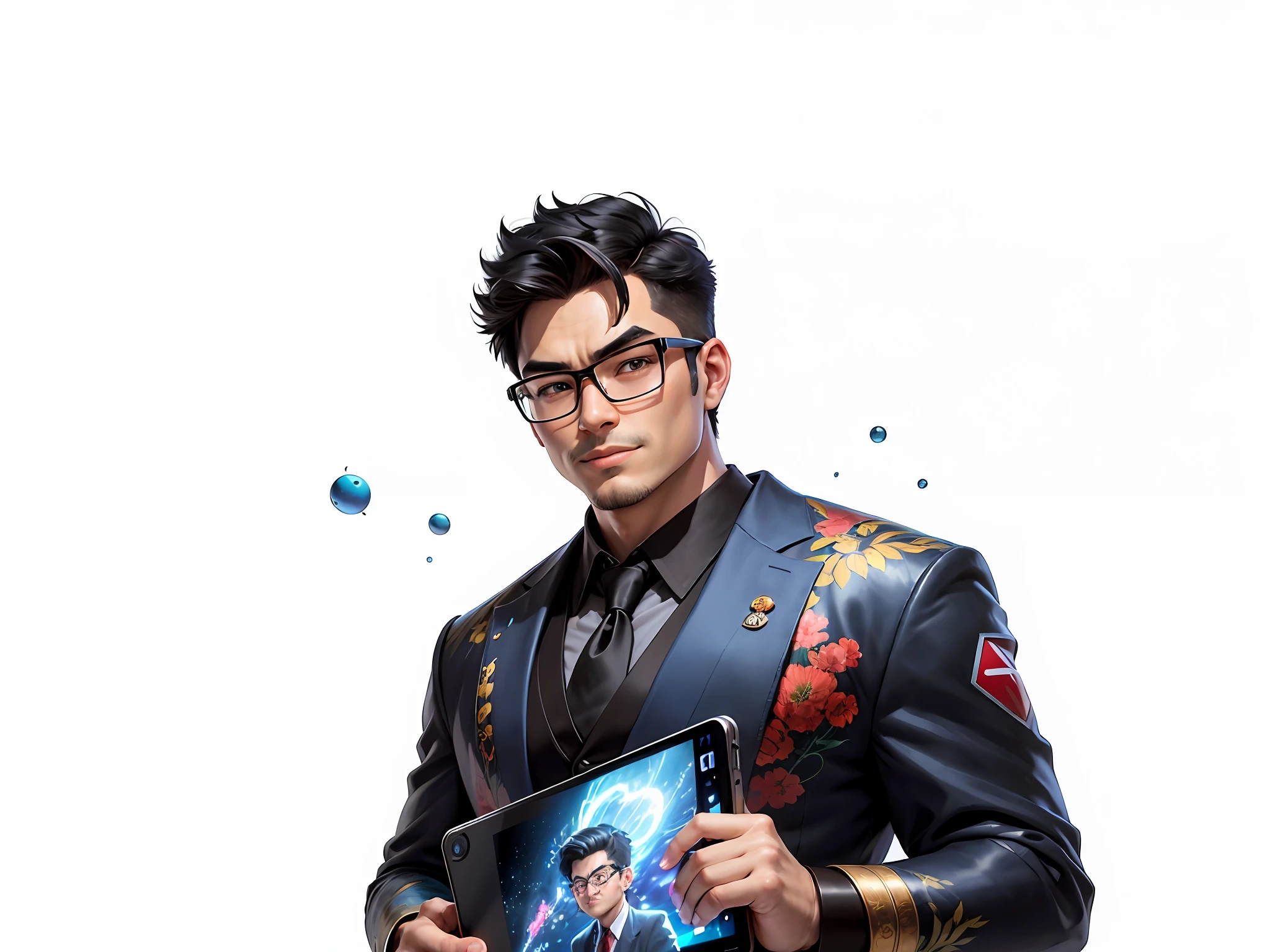 (Masterpiece), (Excellent), (Super Meticulous), (Full Body: 1.2), Super Young Man, Oriental Face, Japanese Kimono, Japanese Wind Thunder God, Dragon, Tiger, TV Anchor, Bust Portrait Illustration, Alone, Black Suit, Blue Tie, Slightly Chubby Face, Silver Glasses, Very Clean Face, No Beard, Black Super Short Hair, Black Eyes, Confident Smile, 3c Computer Sub-Products, iPad, iPhone, Digital Painting, 3D Character Design by Akira Toriyama and Mark Claireden and Pixar and Hayao Miyazaki, The illustration is a high-definition illustration in 4K resolution with very detailed facial features and cartoon-style visuals.
