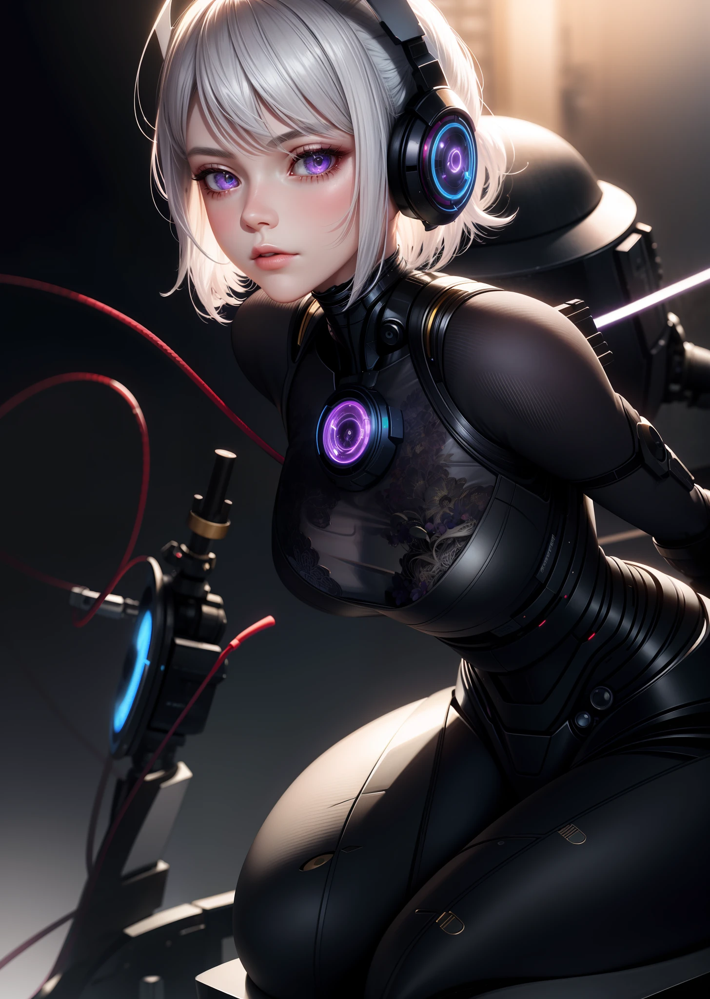 realistic, 1girl, white hair, purple eyes, glowing eyes, cropped top, skirt, parted lips, blush, night, flowers, sun, sunlight, complex 3d rendering very detailed beautiful ceramic silhouette female robot face, robot, robot parts, 150mm, beautiful studio soft light, edge light, vibrant details, luxurious cyberpunk, lace, surrealism, anatomy, facial muscles, cable wire, microchip, elegant, beautiful background, octane rendering, HR Giger style, 8k, best quality, masterpiece, illustration, very refined and beautiful, very detailed, CG, unified, wallpaper, (realism, realism: 1.37), amazing, fine detail, masterpiece, best quality, official art, very detailed CG unified 8k wallpaper, ridiculous, incredibly ridiculous, robot, silver helmet, full body, sitting