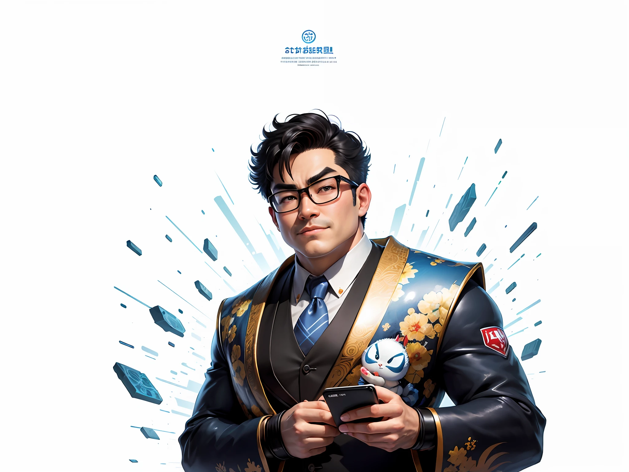 (Masterpiece), (Excellent), (Super Meticulous), (Full Body: 1.2), Super Young Man, Oriental Face, Japanese Kimono, Japanese Wind Thunder God, Dragon, Tiger, TV Anchor, Bust Portrait Illustration, Alone, Black Suit, Blue Tie, Slightly Chubby Face, Silver Glasses, Very Clean Face, No Beard, Black Super Short Hair, Black Eyes, Confident Smile, 3c Computer Sub-Products, iPad, iPhone, Digital Painting, 3D Character Design by Akira Toriyama and Mark Claireden and Pixar and Hayao Miyazaki, The illustration is a high-definition illustration in 4K resolution with very detailed facial features and cartoon-style visuals.