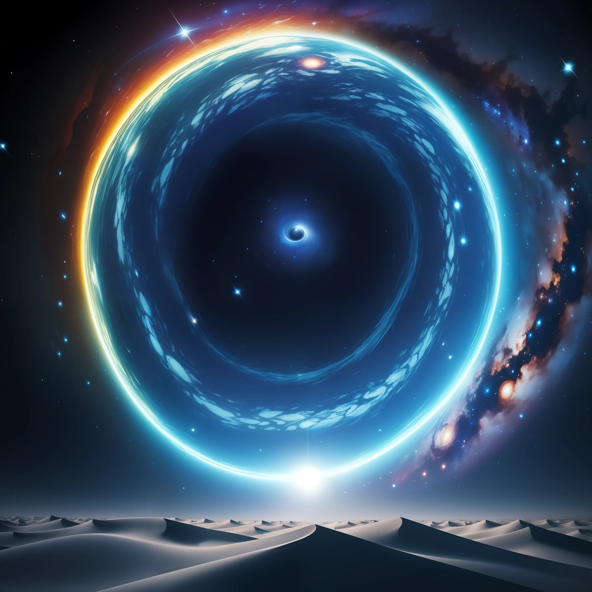 (masterpiece, best quality), a wormhole absorbing a galaxy, dunes, desert,
