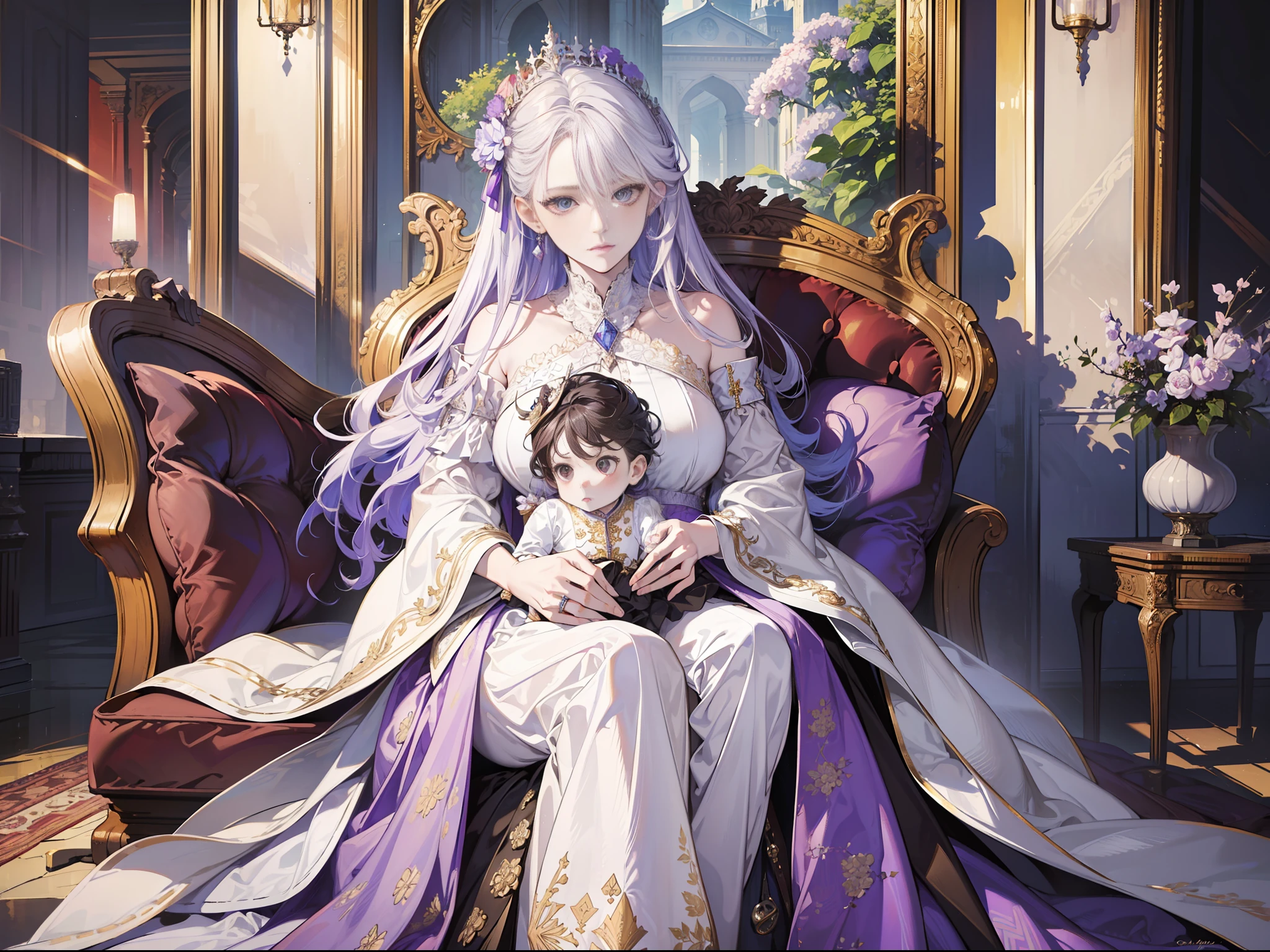 (absurd, high resolution), (panorama), a woman, mature, beautiful, tall, queen's dress, lilac complex dressed, exquisite, brown eyes, pale blonde hair, silver crown on the head, irritated, serious, in the palace, magical, antique style, holding a baby,