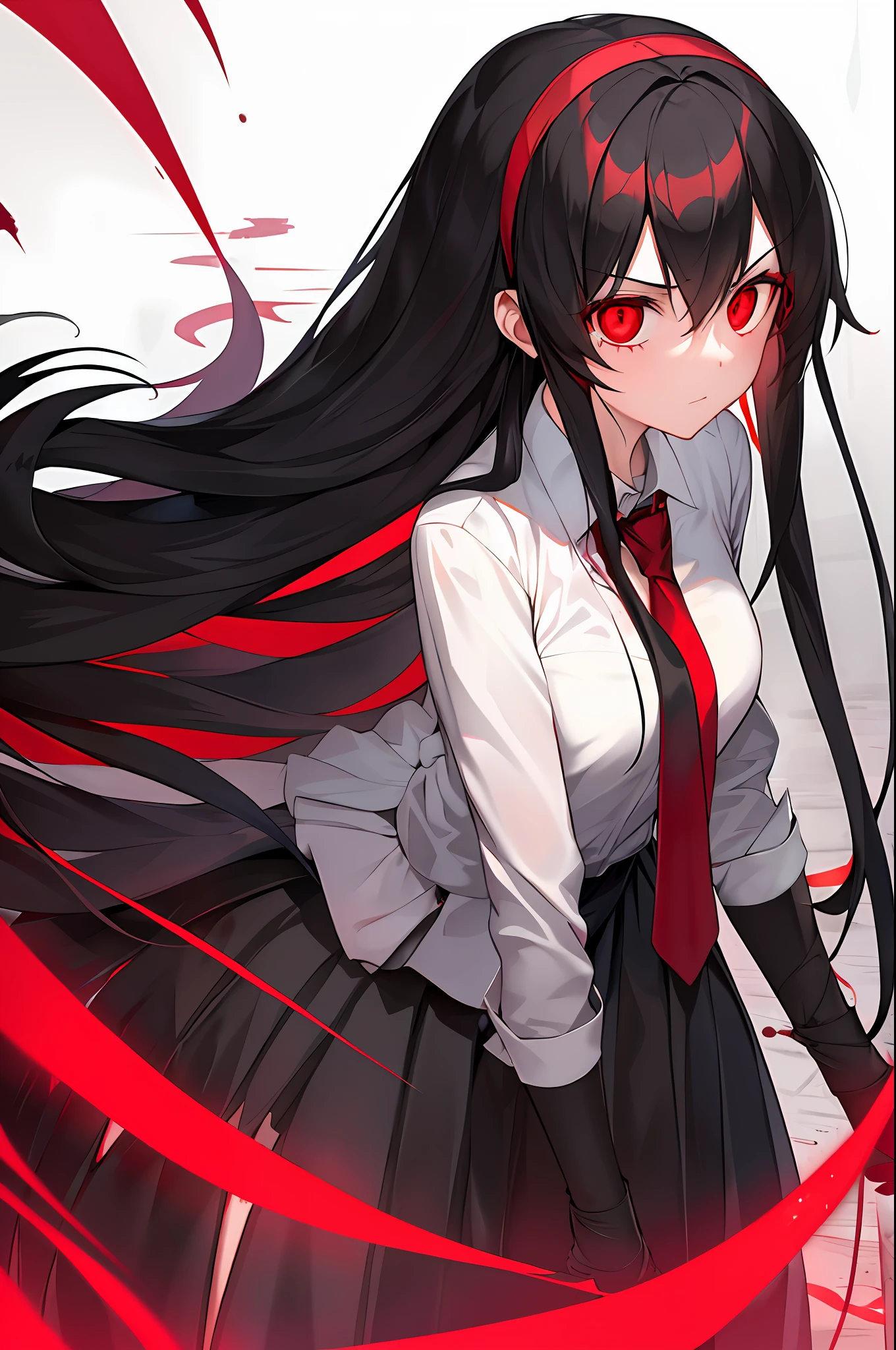 1girl, red eyes, long black hair, red headband, black suit, red necktie, glowing eyes, bloodstains, rain, dark, gloomy, (intricate)