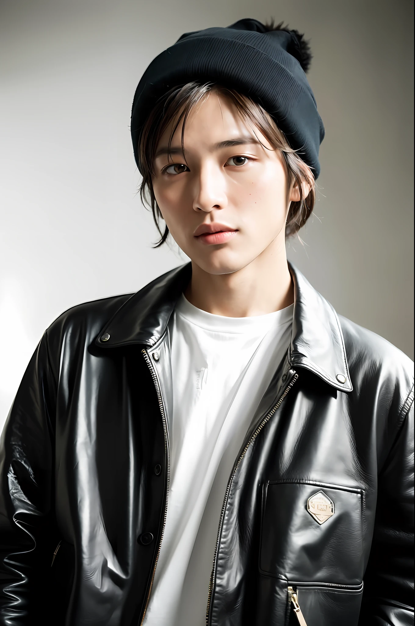 ((8k:1.27), highest quality, masterpiece, super high definition:1.2) Cute Japan male photo (Beautiful:1.1), (Beanie: 1.61) (Leather jacket: 1.21) Intricate, elegant, fantasy, detail, geometric patterns by Greg Rutkowski and Alphonse Mucha, gradient lighting
