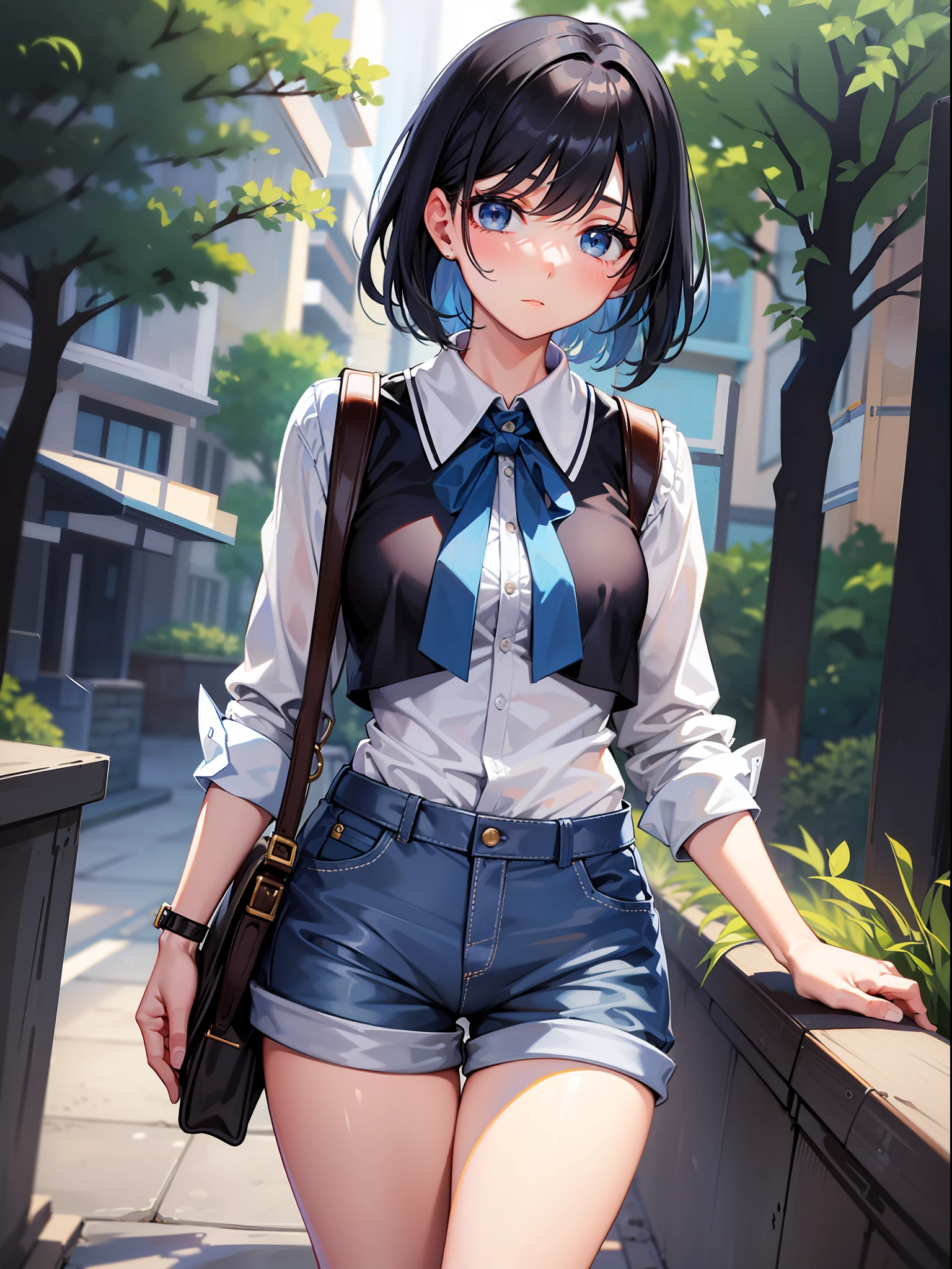 Black hair short, short blue clothes with white collar sleeves, blue shorts, black stockings, boots, girl, outdoor