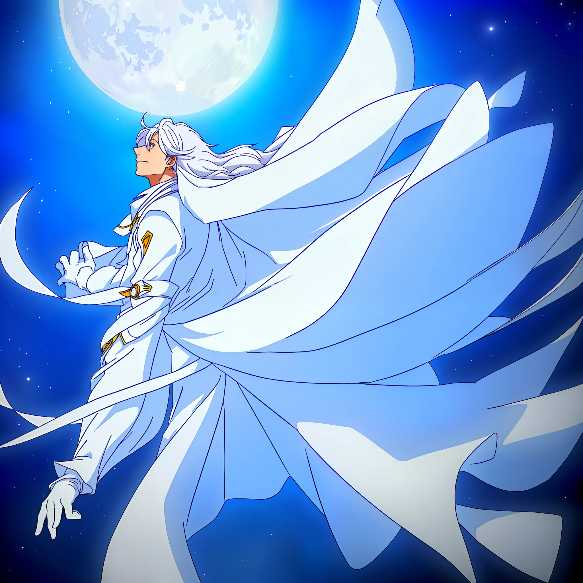 dramatic, full body, light clothes, white clothes, detailed lighting, young adult male beautiful, long hair, long hair flying, white hair, black gloves, rays, moon background, divinity clothes, complementary colors, masterpiece