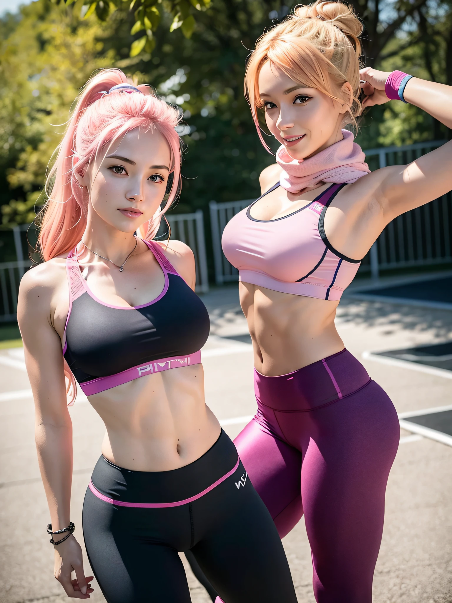 raw photo,best quality, photorealistic,a girl,b size cup,smile,ash blonde or ginger or pink hair, comfortable yoga pants, high-waisted leggings made from a breathable and moisture-wicking fabric,supportive and comfortable sports bra,accessories like a lightweight scarf headband or wristband,