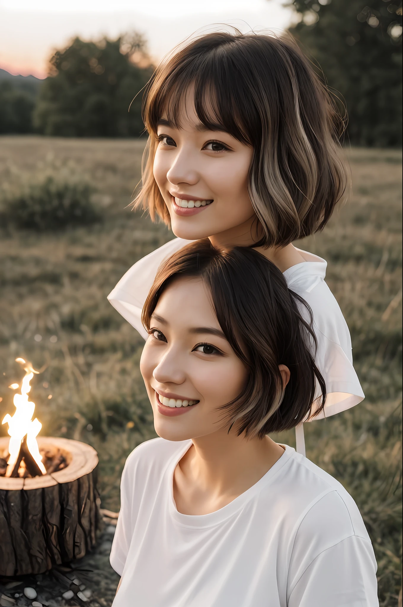 ((top quality, 8k, masterpiece: 1.3)), Japan women (1, 24 years old, happy smile, very detailed face and skin and hair texture, detailed eyes, double eyelids, white skin, beautiful delicate nose, light hair color, bob cut hair), overhead camera, sharp focus: 1.2, the subject's hair, eyes, mouth, while emphasizing the action, is pleasing to the eye, suggestive composition. ⠀ Ground, Outdoor, (Night), Mountain, Nature, Cheerful (Stars, Moon), Wind, Happiness, Backpack, Sleep, Bonfire, Camping Stove, Lantern, Rock, Forest, Stone, River, Bonfire, Wood, Firewood, Smoke, Shadow, Contrast, Clear Sky, Style, (Warm Shades, Warm Tones), Wet White T-Shirt, No Bra