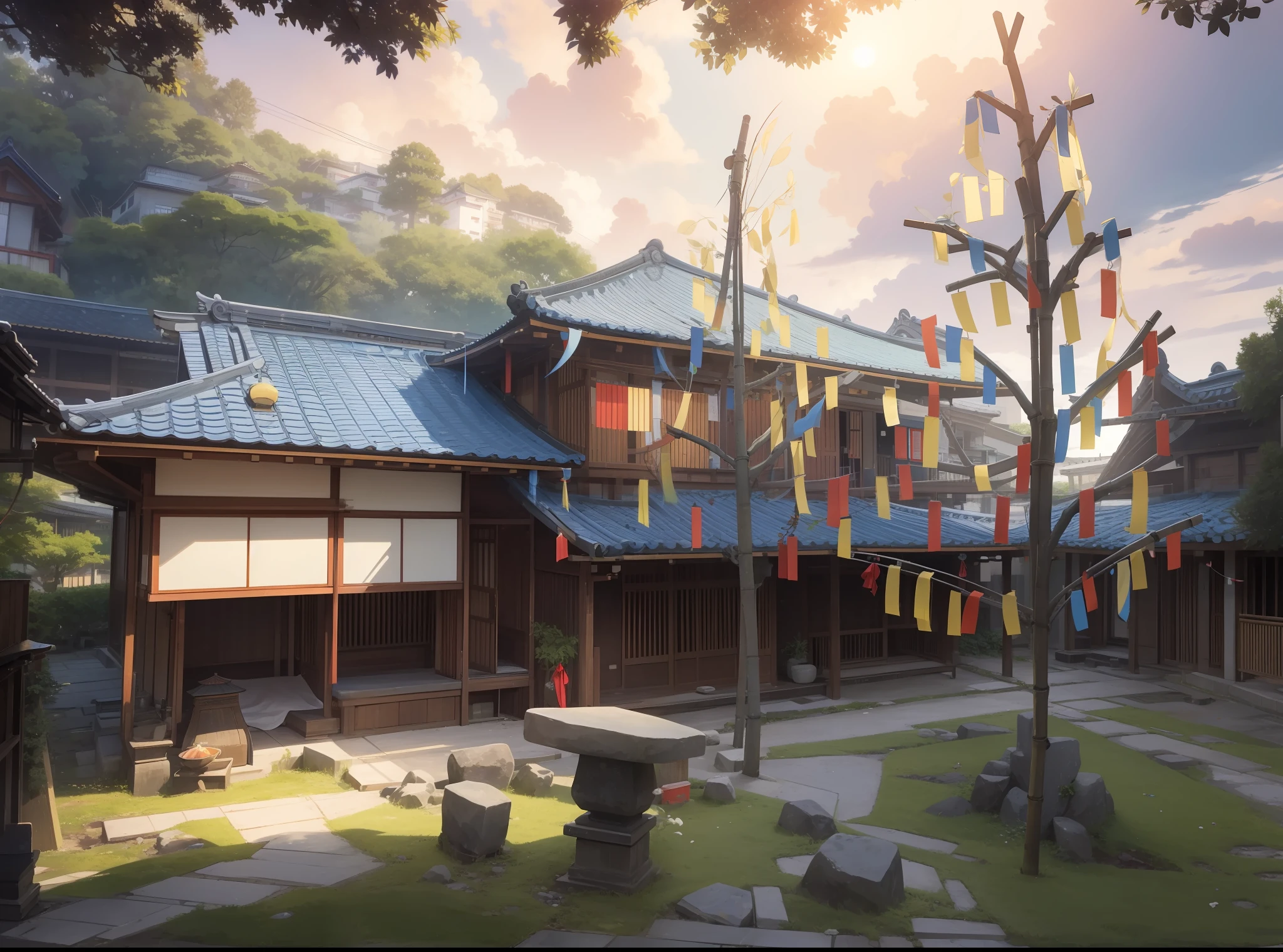 ((masterpiece)),best quality,ultra-detailed CG,high precision,Tokyo atmosphere,traditional Japanese homes],Tanabata,Bamboo leaves,Tanabata ornament,[-:](Bamboo with colorful strips of red & blue & yellow & white & black),Passionate [positive emotion],28 years old,Outdoor [ location], daytime, exit to blue sky, blue sky, wide sky, enclosed sky, pale shade, pale hue, Optimistic [情绪], white wall storehouse building on right, stone desk, stone chair, bright garden, fantastic color sky