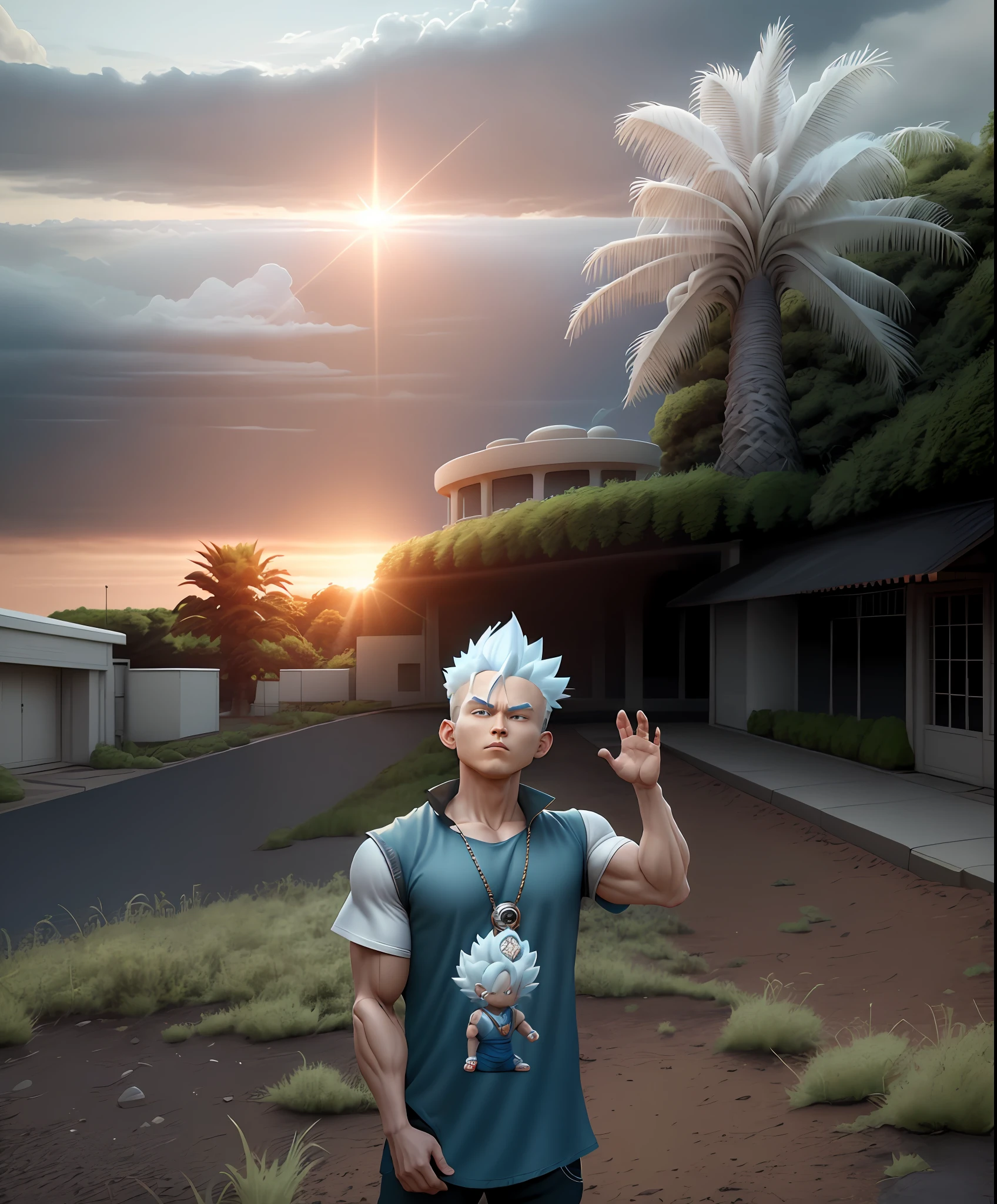 Goku, super saiyan, exquisite hair, arm depiction, white and blue hair body, exquisite shoes, eye depiction, exquisite hair, popmart blind box, clay texture, stepping on the land, black and white background, natural lighting, most good quality, super detail, 3D art, c4d, OC renderer, 3D rendering, 8k