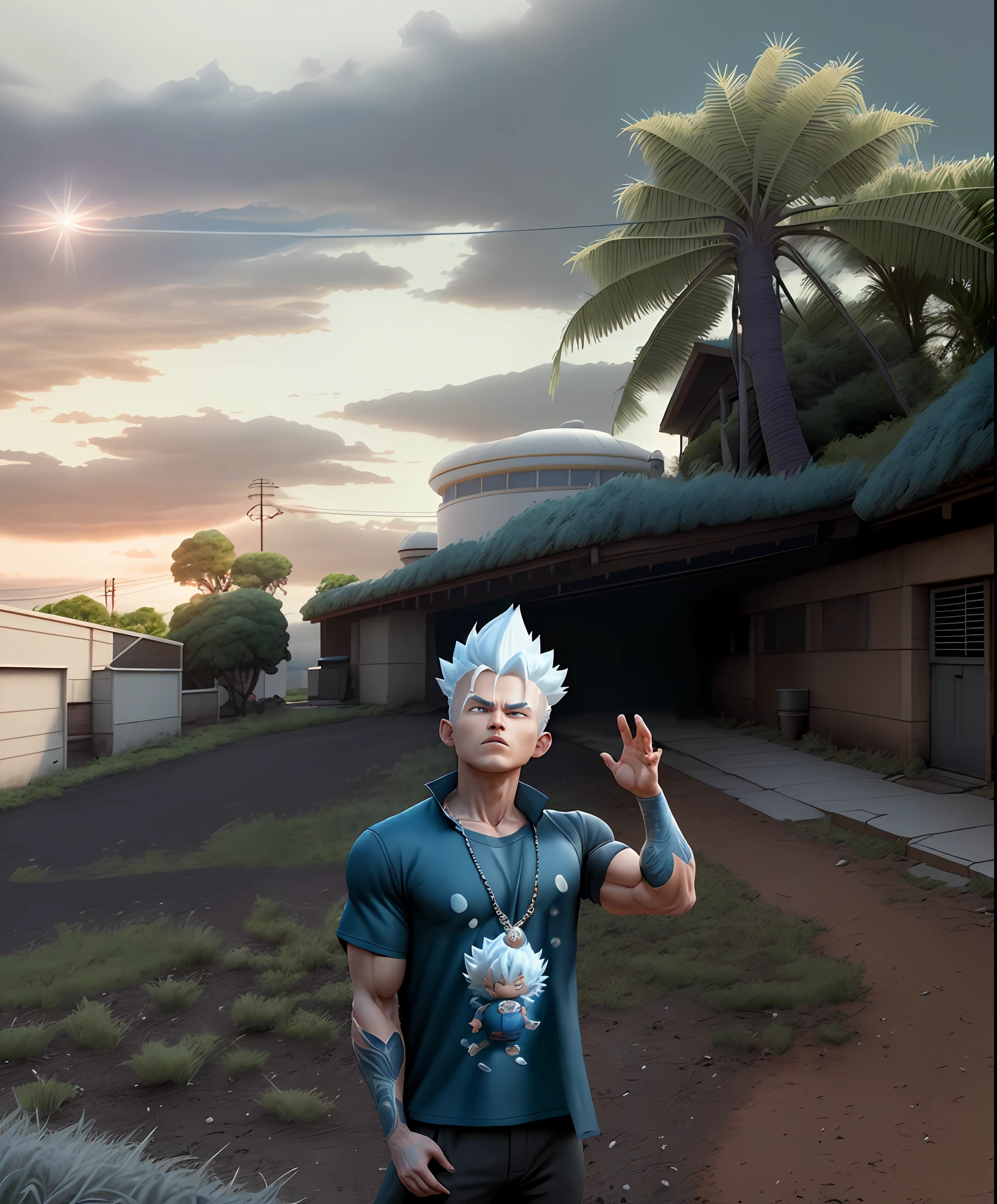 Goku, super saiyan, exquisite hair, arm depiction, white and blue hair body, exquisite shoes, eye depiction, exquisite hair, popmart blind box, clay texture, stepping on the land, black and white background, natural lighting, most good quality, super detail, 3D art, c4d, OC renderer, 3D rendering, 8k