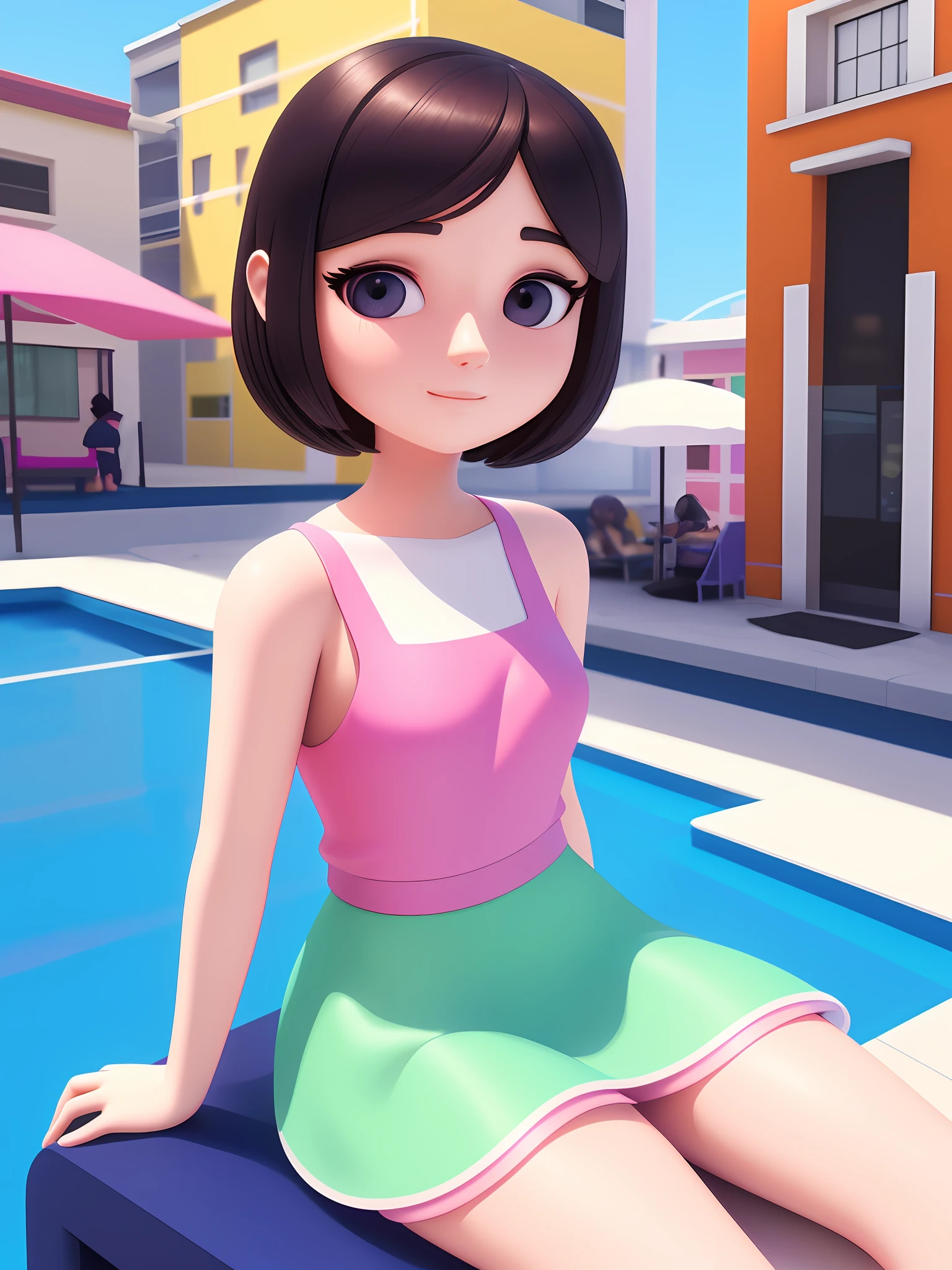 Girl sitting on pool seat, fair skin, delicate face, medium, new pop portrait, fashion illustration, toy core, colorful street scene, realistic, cartoon style rendering, made by Pop Mart: pastel color, blind box toy, fine gloss, clean background, C4D, blender, 3d rendering. Octane rendering.