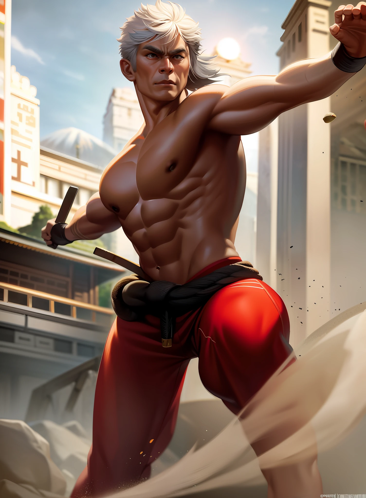 Old, strong muscles, ultra realistic HD full body image, 4k, in front of a temple of martial artists