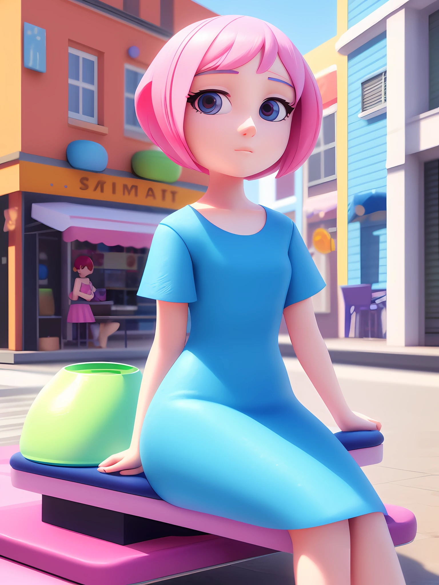 Girl sitting on pool seat, fair skin, delicate face, medium, new pop portrait, fashion illustration, toy core, colorful street scene, realistic, cartoon style rendering, made by Pop Mart: pastel color, blind box toy, fine gloss, clean background, C4D, blender, 3d rendering. Octane rendering.