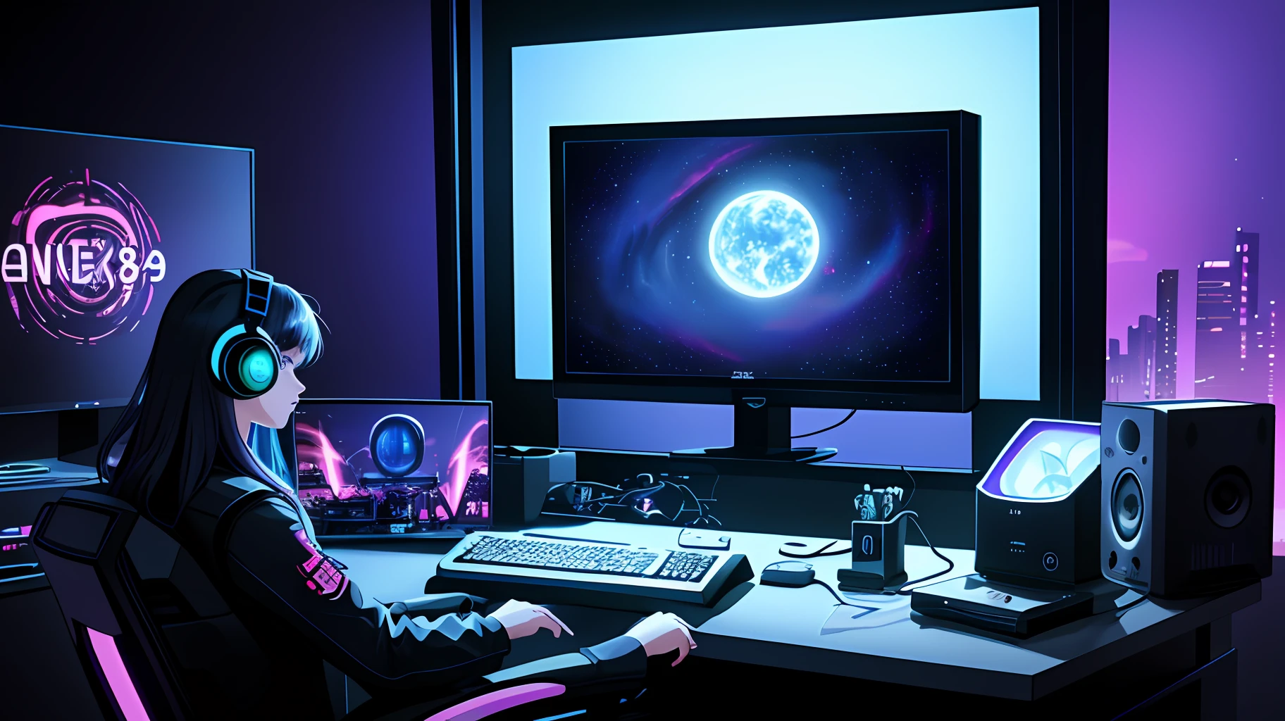 (masterpiece), (best illustration),(no humans), anime background, gaming bedroom, television with large computer, ring lighting , rim lighting,(extremely detailed CG unity 8k wallpaper),(masterpiece), (best quality), (vaporwave style), (ultra-detailed), (best illustration),(best shadow),perfect lighting , perfect anatomy , vivid colors,