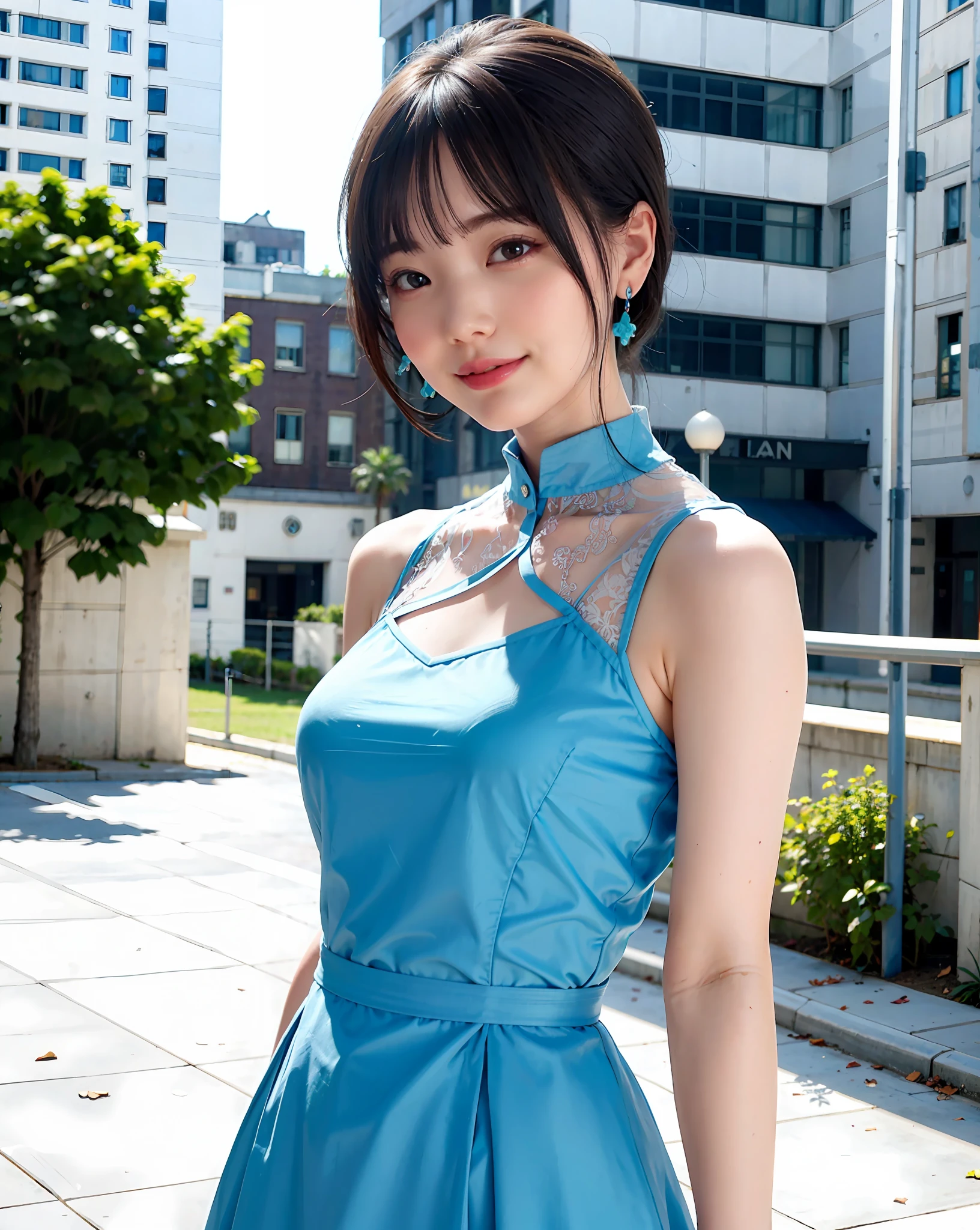 Woman posing on street corner in light blue dress, top quality, one girl, big breasts, sun, bright, blurred background, bokeh, outdoor, (street: 0.8), (people, crowd: 1), (cropped with lace) dress: 1.5, sleeveless dress, light blue clothes, light blue high neck dress: 1.2, blue dress: 1.5), gorgeous (short hair, forehead: 1.2), Beautiful sky in detail, earrings, (Dynamic pose: 1.2), (upper body: 0.8), soft lighting, wind, glossy skin, smile, peace sign,