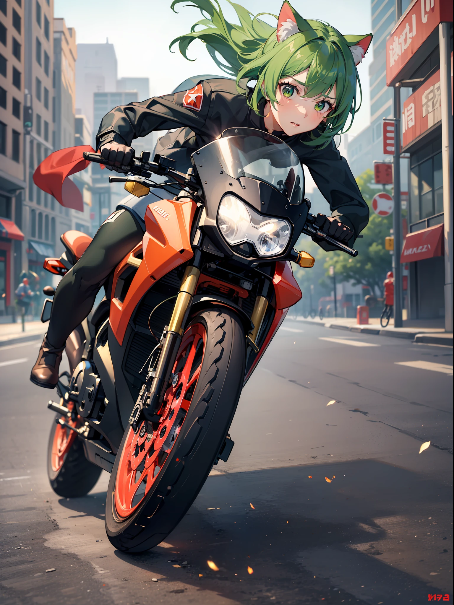 ((Masterpiece, top quality)), A (speeding) red bike city at high speed, (slow motion: 1.3), (motion blur: 1.3), (speed line: 1.4), sense of speed, cat girl, short green bob hair, green eyes, sparks and smoke coming out of tires, hair fluttering in the wind