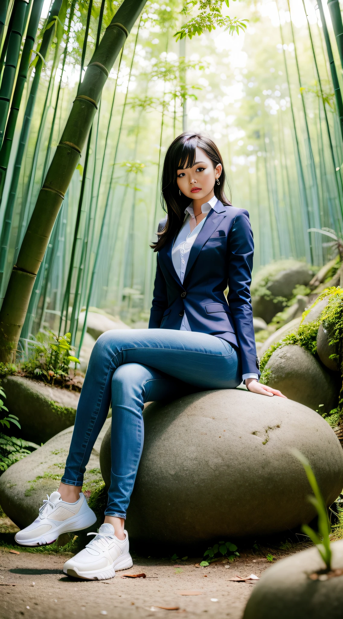 A beautiful woman in a suit, skinny jeans, sneakers sitting on a stone in a bamboo forest with water next to it