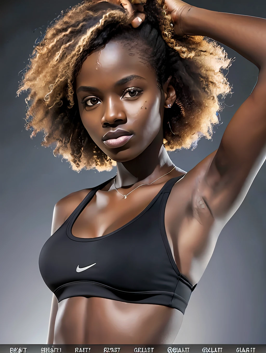 masterpiece, (best quality:1.5), highly detailed, (real photo:1.5) of young tall slender woman, dark skin, upper body, 64k, accent lighting, 100mm, high contrast, cliff, hands down, ((short:1.5)) curly perfect blonde hair, black sports bra, ((shadows:1.2)), centered, looking at the camera, (aesthetic:1.3), small breasts, skin imperfection, edge detection