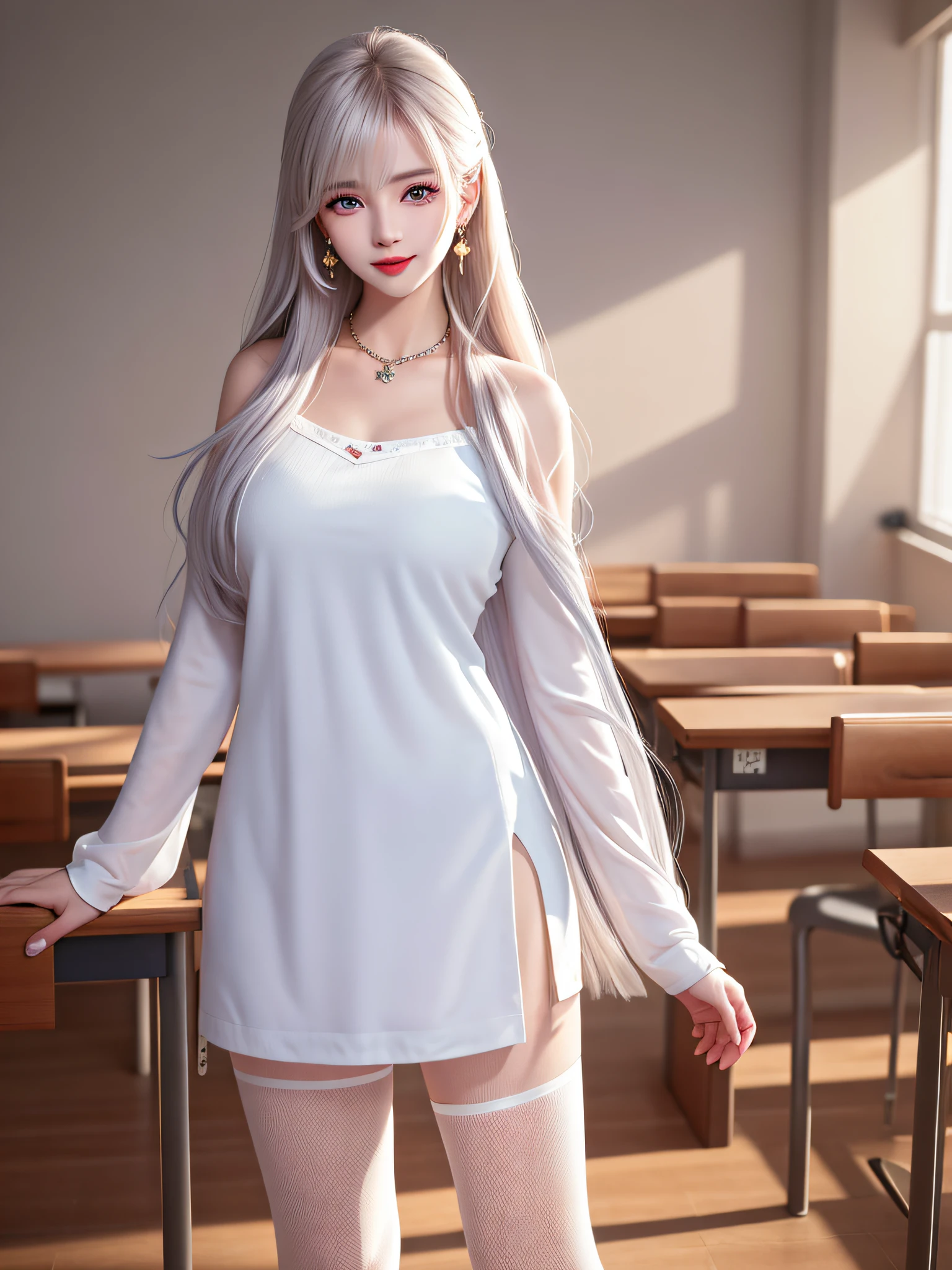 Female teacher standing in the classroom v6, necklace, earrings, full body v6, long white hair, hip tights, visible, excellent, ultra high-definition, raw photo, realism: 1.25), (bright lip gloss, long eyelashes, smooth face, glossy skin, natural shadows, wide light, wide light, depth of field, intense colors, subtle caustics: 0.8), smile, (big), v6