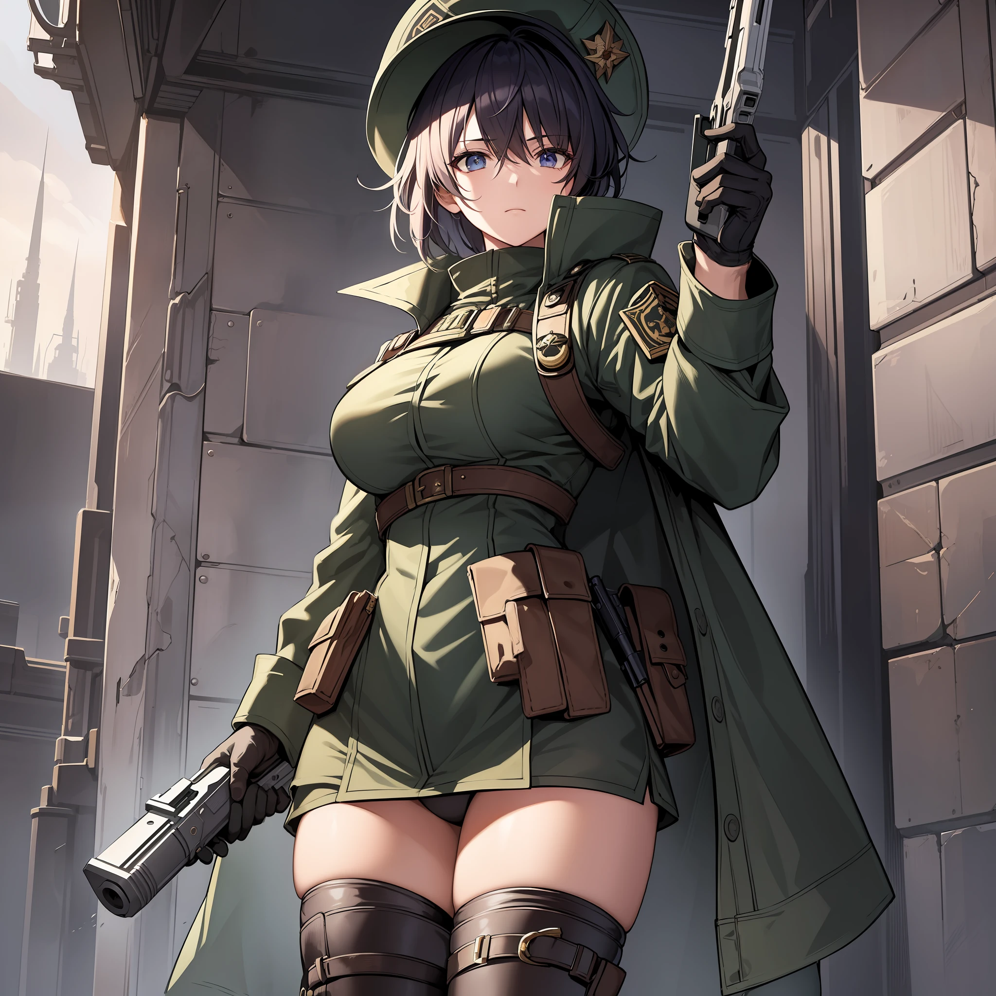 The masterpiece is an illustration of high resolution and incomparable quality. The protagonist is a girl with boots, gloves and a plate cap, holding a gun. He wears a military-style coat and mask, and has large thighs. His hair is short and he has a scar on his eye. The picture has a serious and gloomy atmosphere.