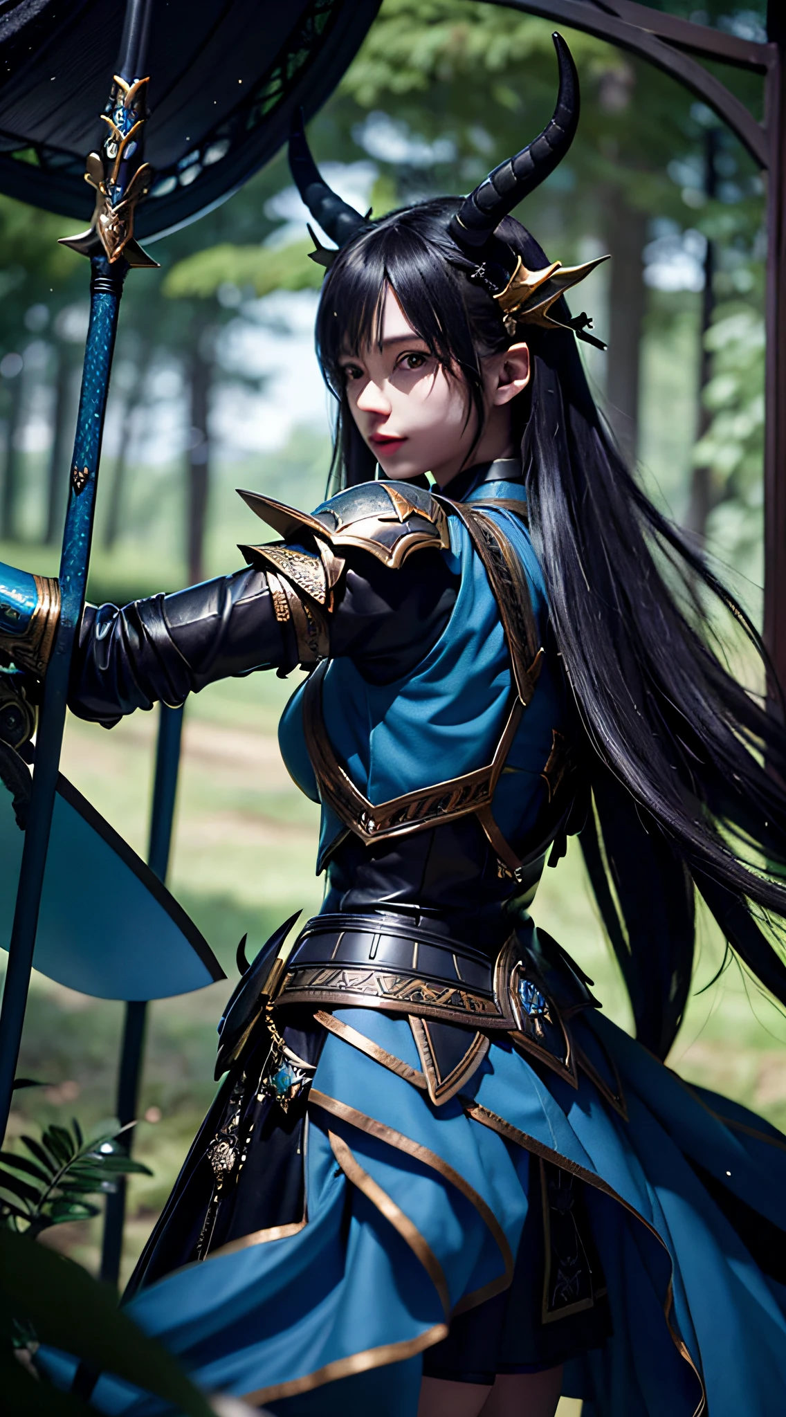 In the forest, knight, black simple armor, film, large horns extending on both sides, fine detail, 8k, (dark lens: 0.7), subsurface scattering, (ambient lighting: 1.3), (art station: 1.3), swinging a very large sword, equipped with a large shield on the back, glowing blue,