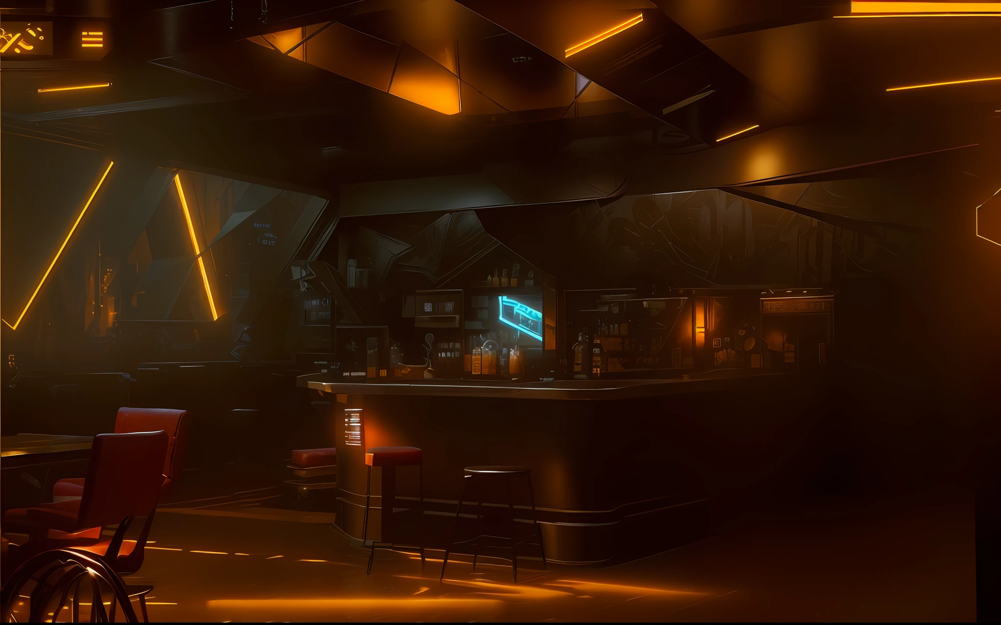 there is a bar with a clock on the wall in a room, inspired by senior environment artist, dramatic lighting. concept art, by senior environment artist, coffee shop, detailed lighting and textures, realistic afternoon lighting, unreal engine render concept art, cyberpunk setting, cyberpunk interior, very smoky cyberpunk paris bar, concept art scene, rendered in unreal 5, cafe interior